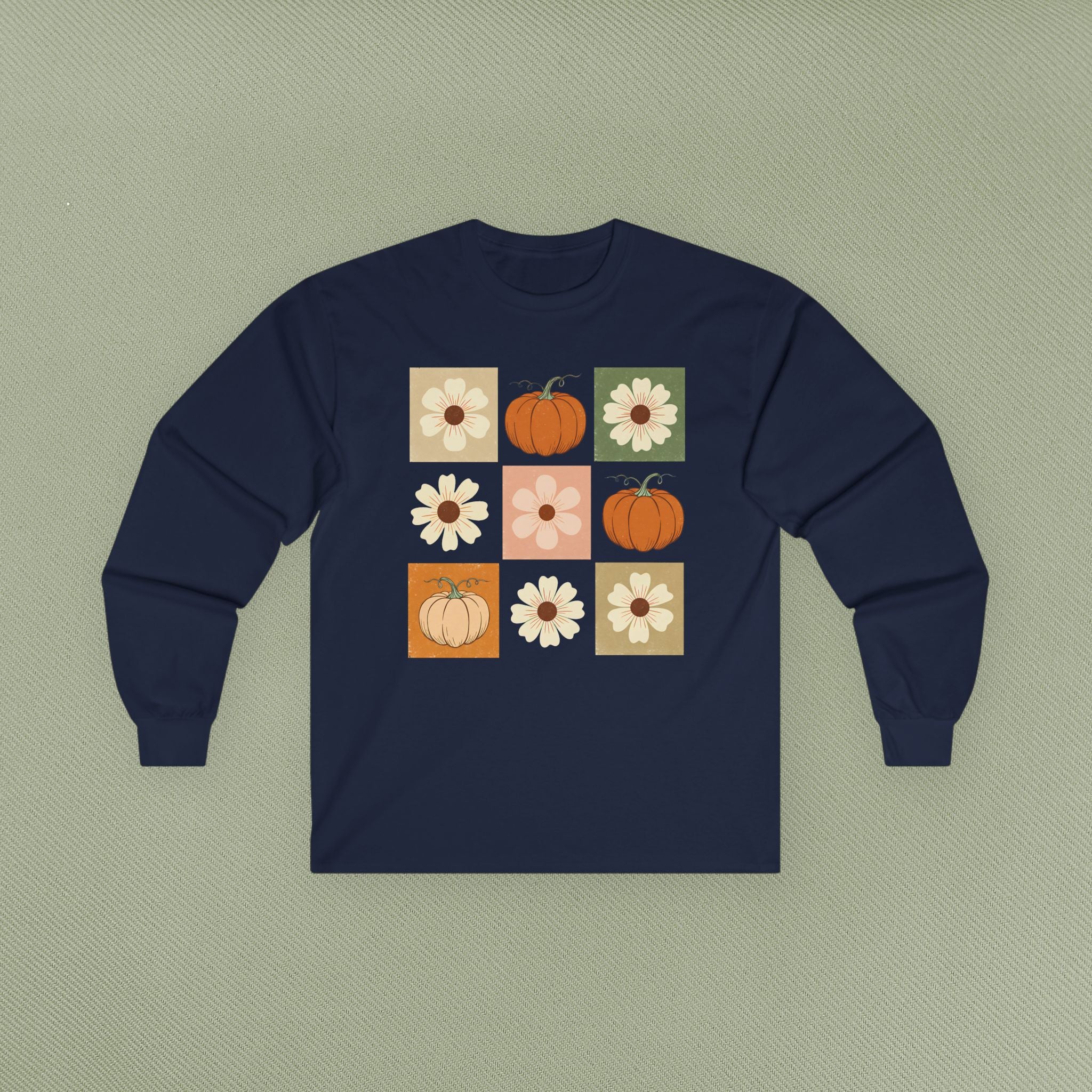 Fall Floral Pumpkin Long Sleeve Tee, Cozy Autumn Top, Cute Harvest Shirt, Thanksgiving Apparel, Seasonal Gift