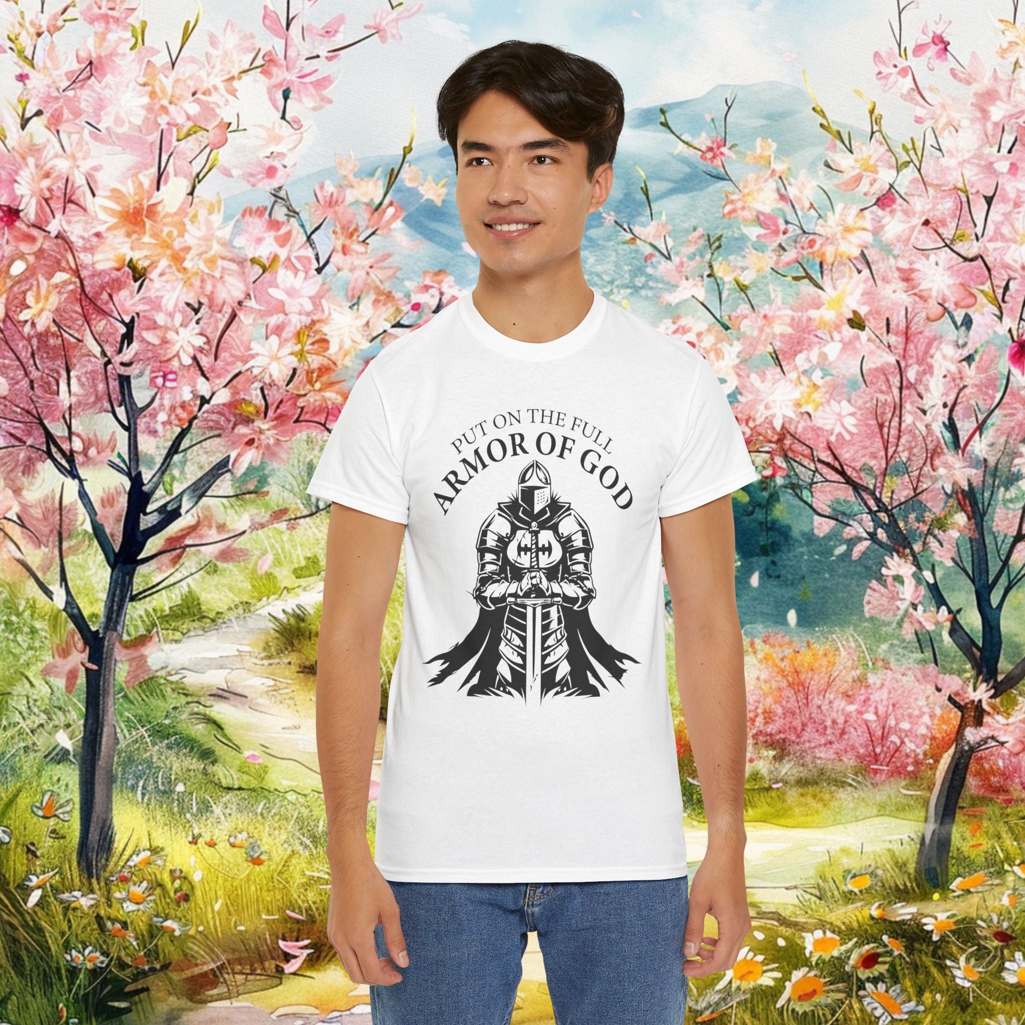 Inspirational Christian Tee 'Put on the Full Armor of God' with Romans 6:23 Faith Heavy Cotton T-Shirt