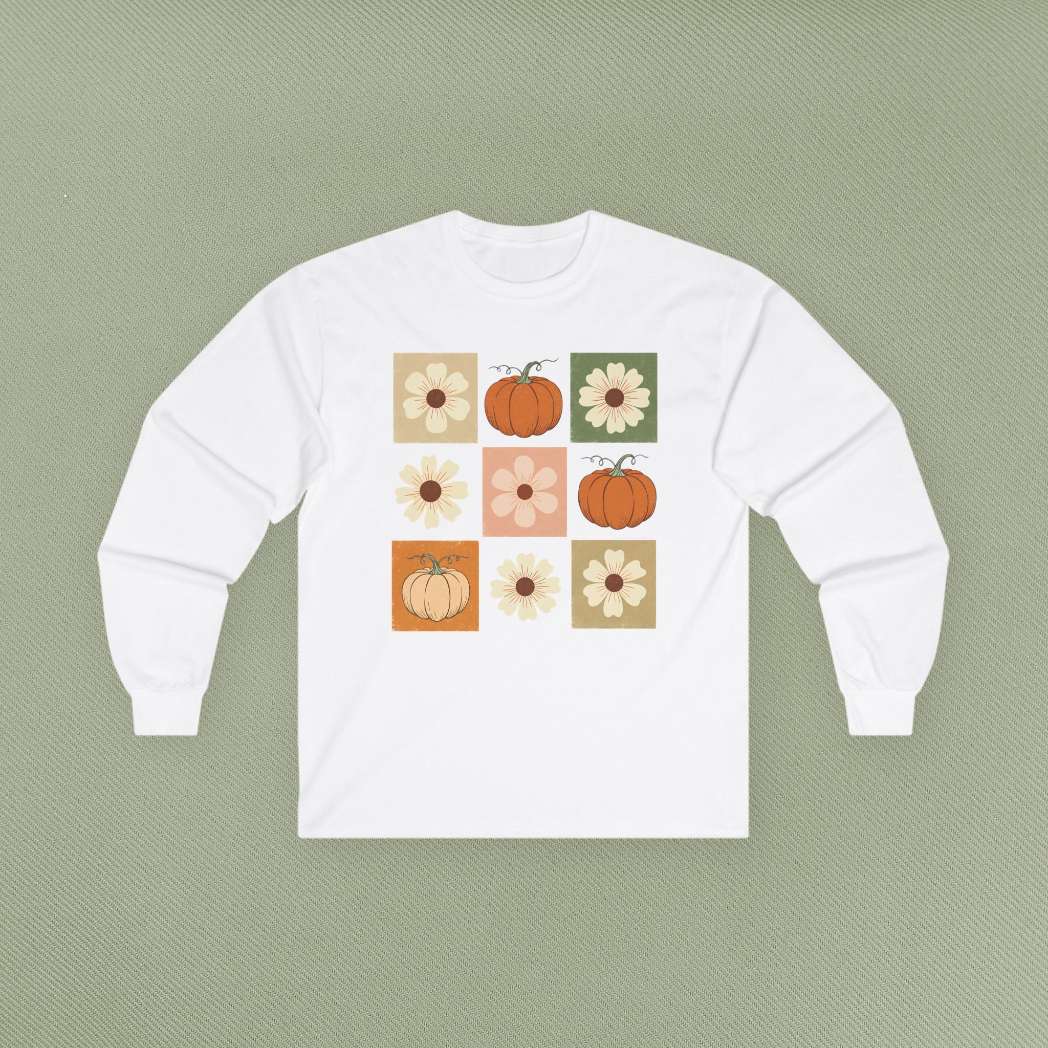 Fall Floral Pumpkin Long Sleeve Tee, Cozy Autumn Top, Cute Harvest Shirt, Thanksgiving Apparel, Seasonal Gift