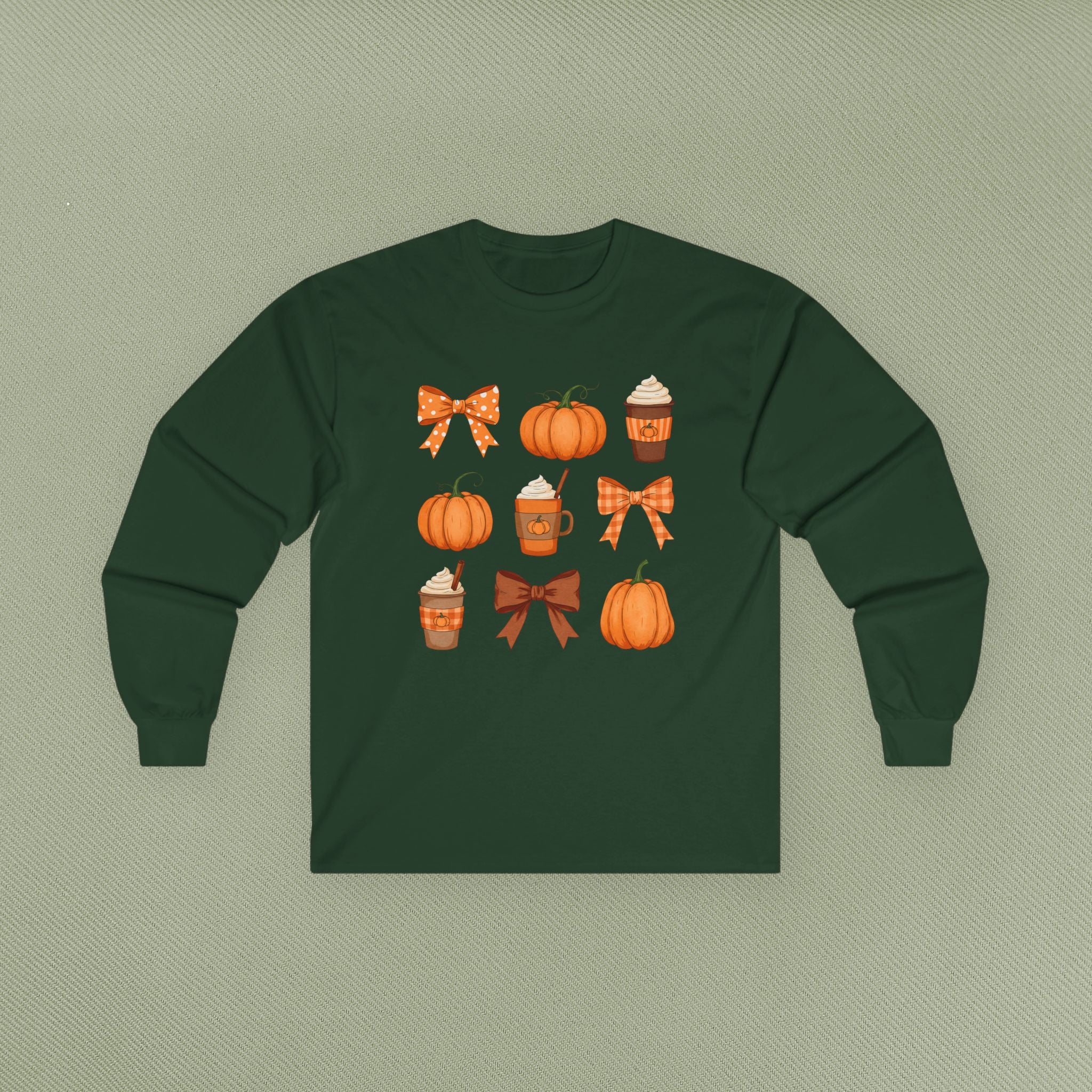 Autumn Vibes Long Sleeve Tee | Pumpkin and Bow Graphic | Cozy Fall Fashion, Thanksgiving, Gift for Her, Seasonal Apparel