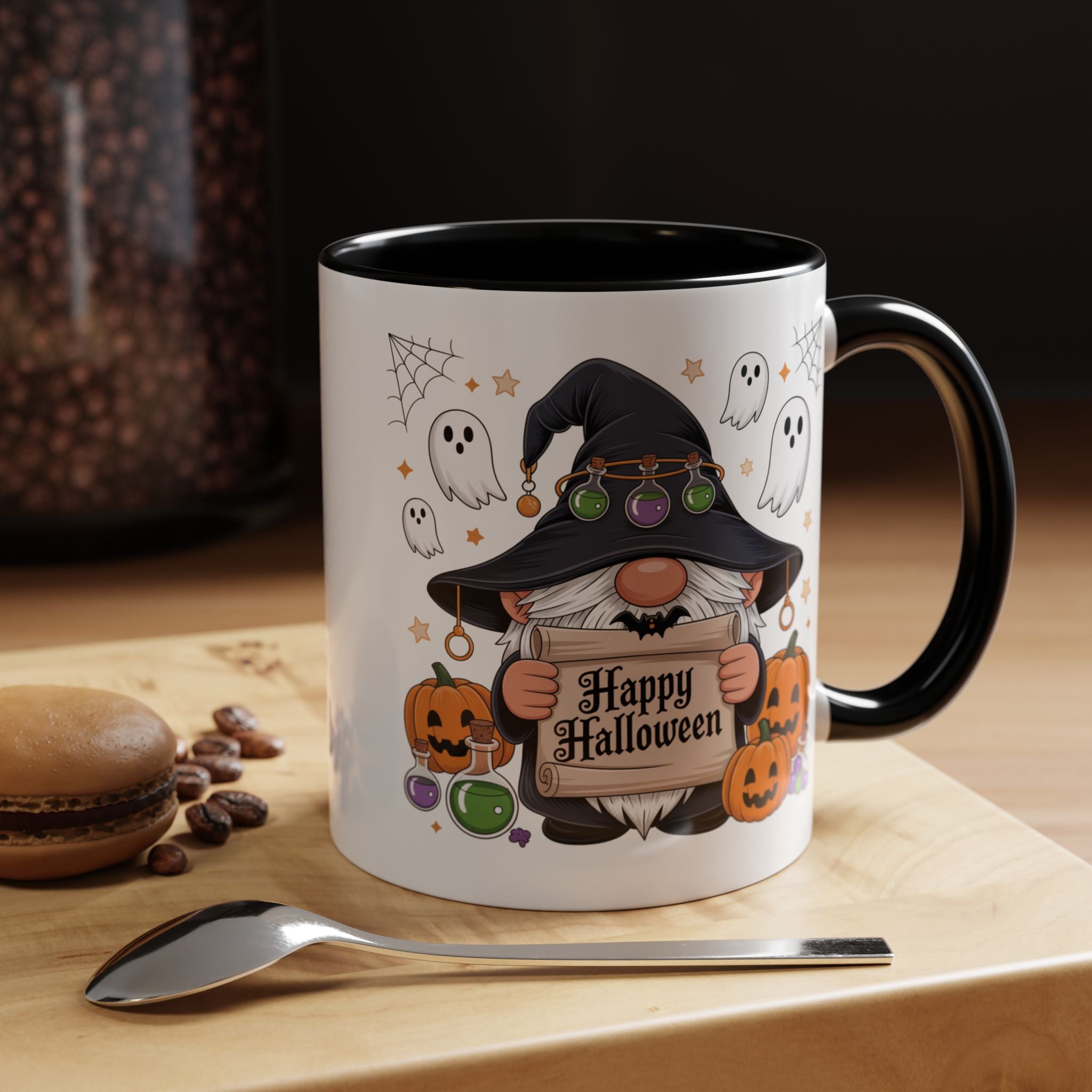 Halloween-Themed Accent Coffee Mug, Spooky Mug for Halloween Decor, Gnome Coffee Mug, Ghost & Pumpkin Design, Fun Gift for Halloween Lovers