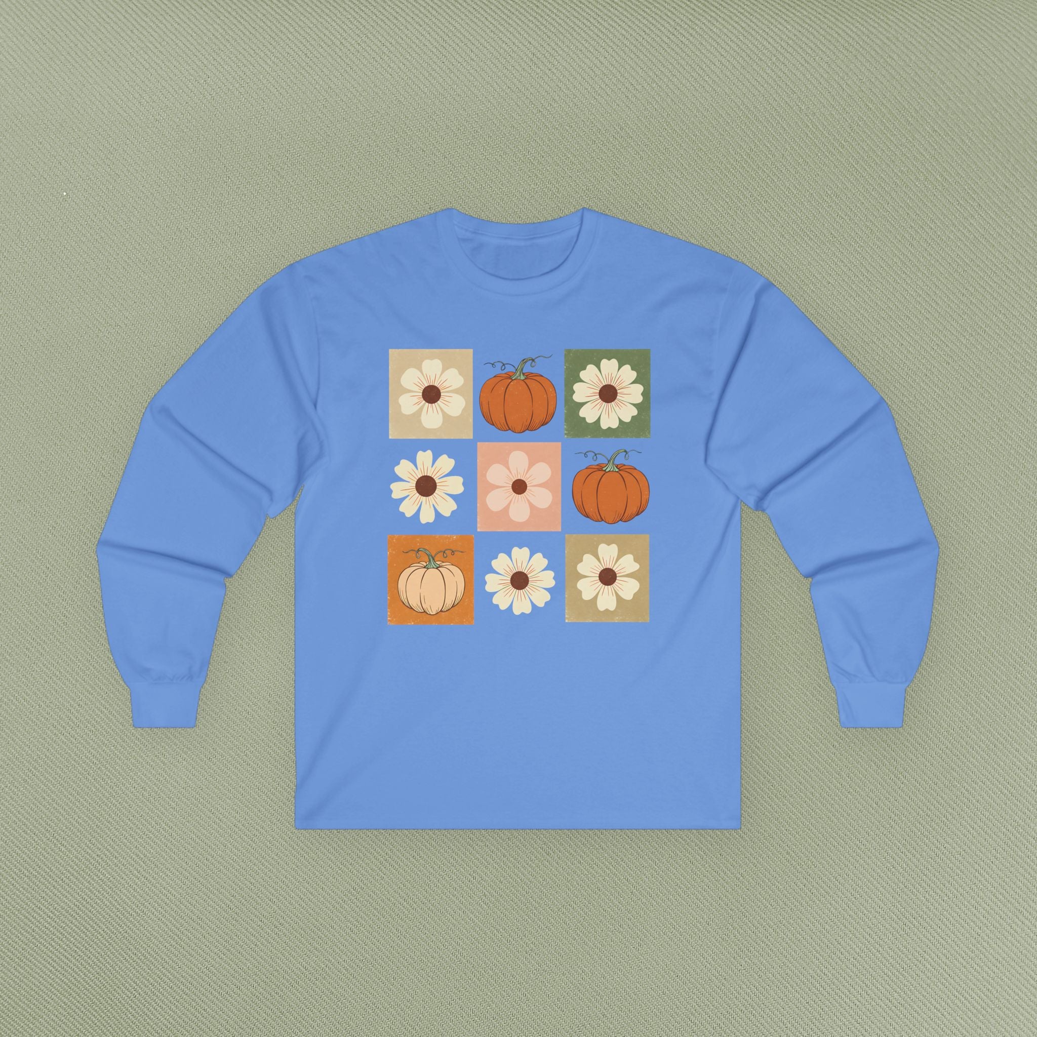 Fall Floral Pumpkin Long Sleeve Tee, Cozy Autumn Top, Cute Harvest Shirt, Thanksgiving Apparel, Seasonal Gift