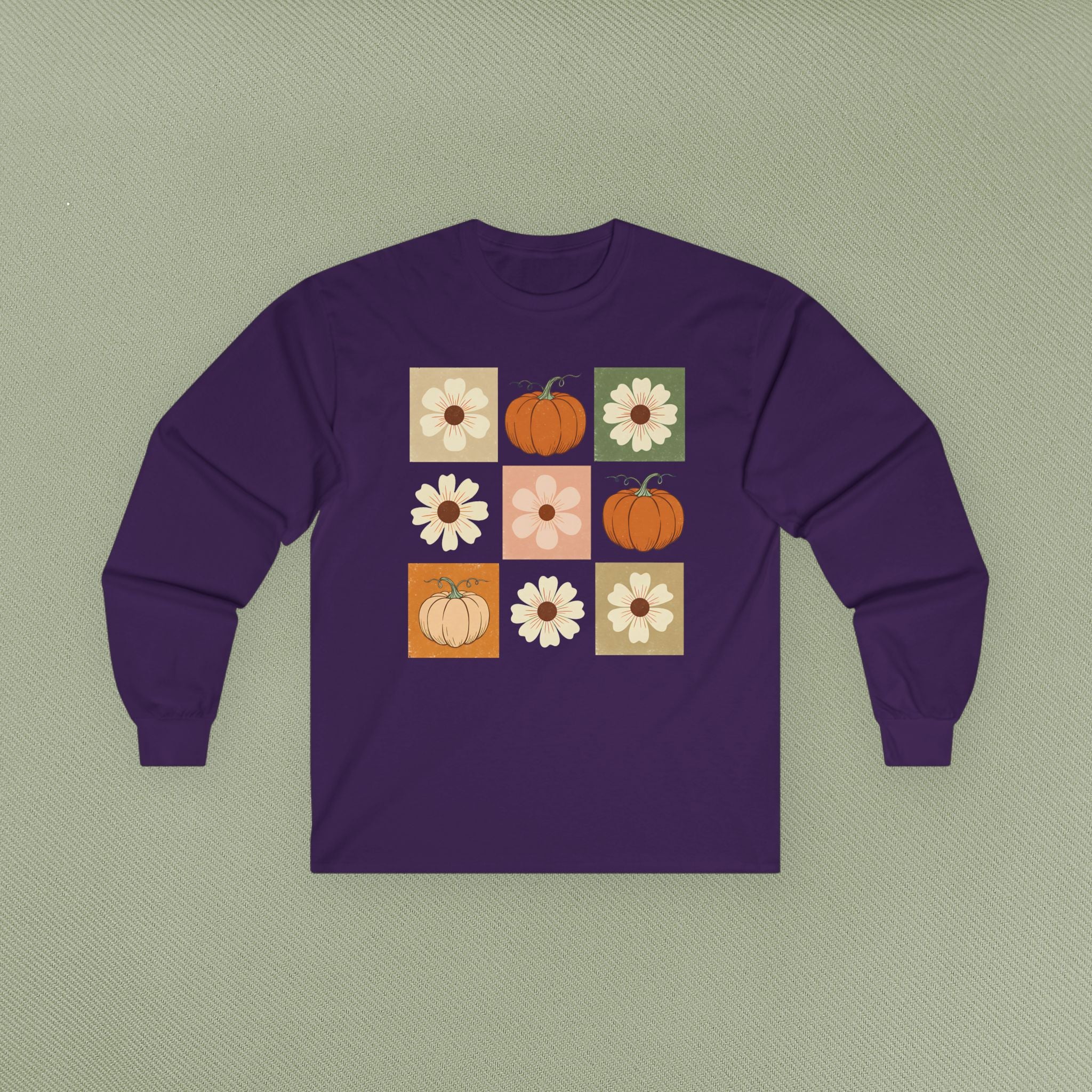 Fall Floral Pumpkin Long Sleeve Tee, Cozy Autumn Top, Cute Harvest Shirt, Thanksgiving Apparel, Seasonal Gift