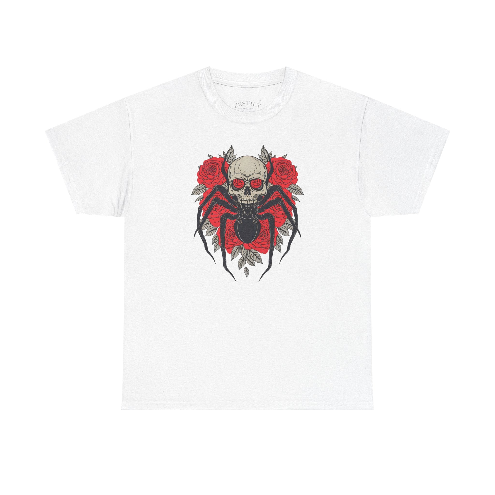 Gothic Skull and Roses Spider Tee, Heavy Cotton Tee, Edgy T-Shirt, Halloween Gift, Alternative Fashion, Graphic Tee, Casual Wear