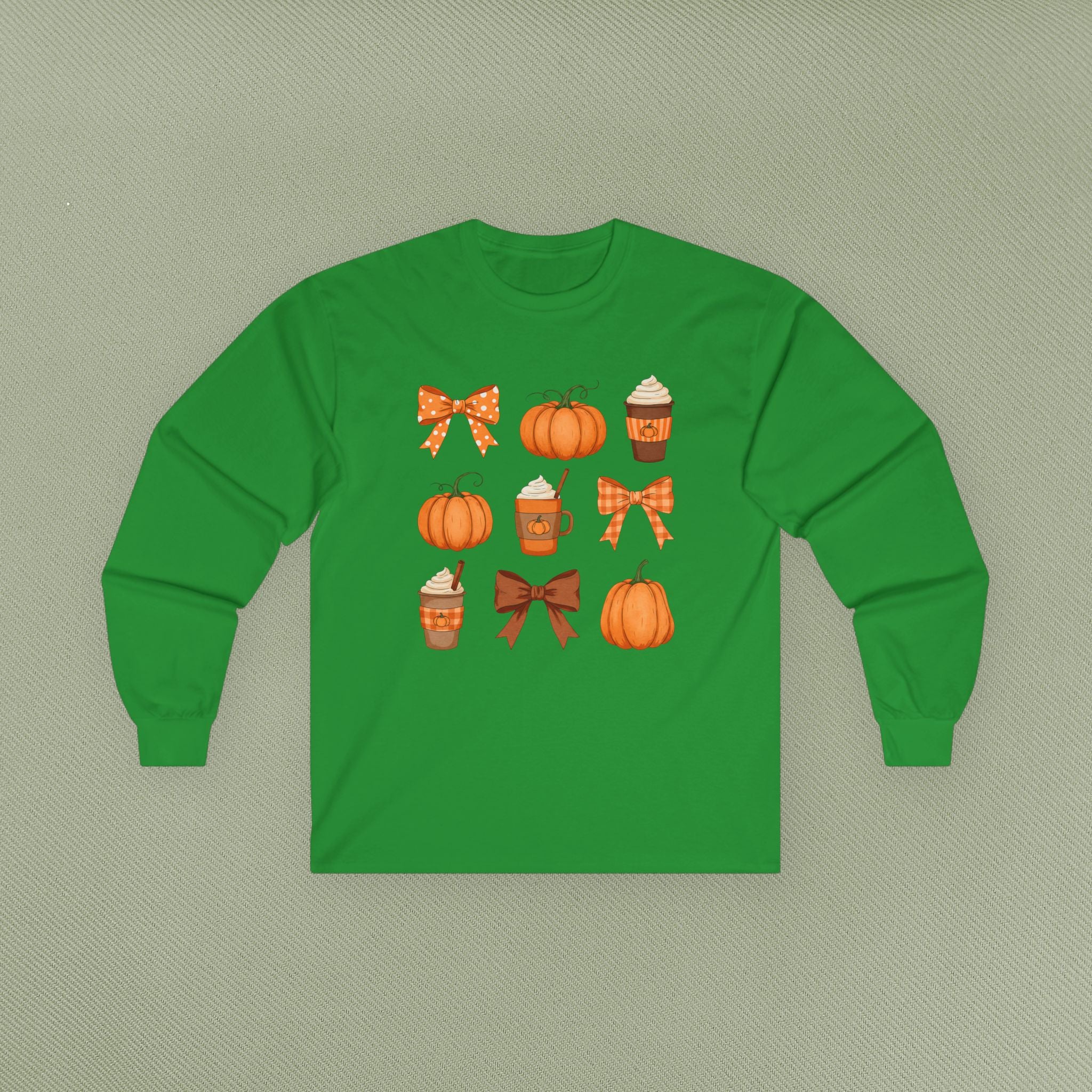 Autumn Vibes Long Sleeve Tee | Pumpkin and Bow Graphic | Cozy Fall Fashion, Thanksgiving, Gift for Her, Seasonal Apparel