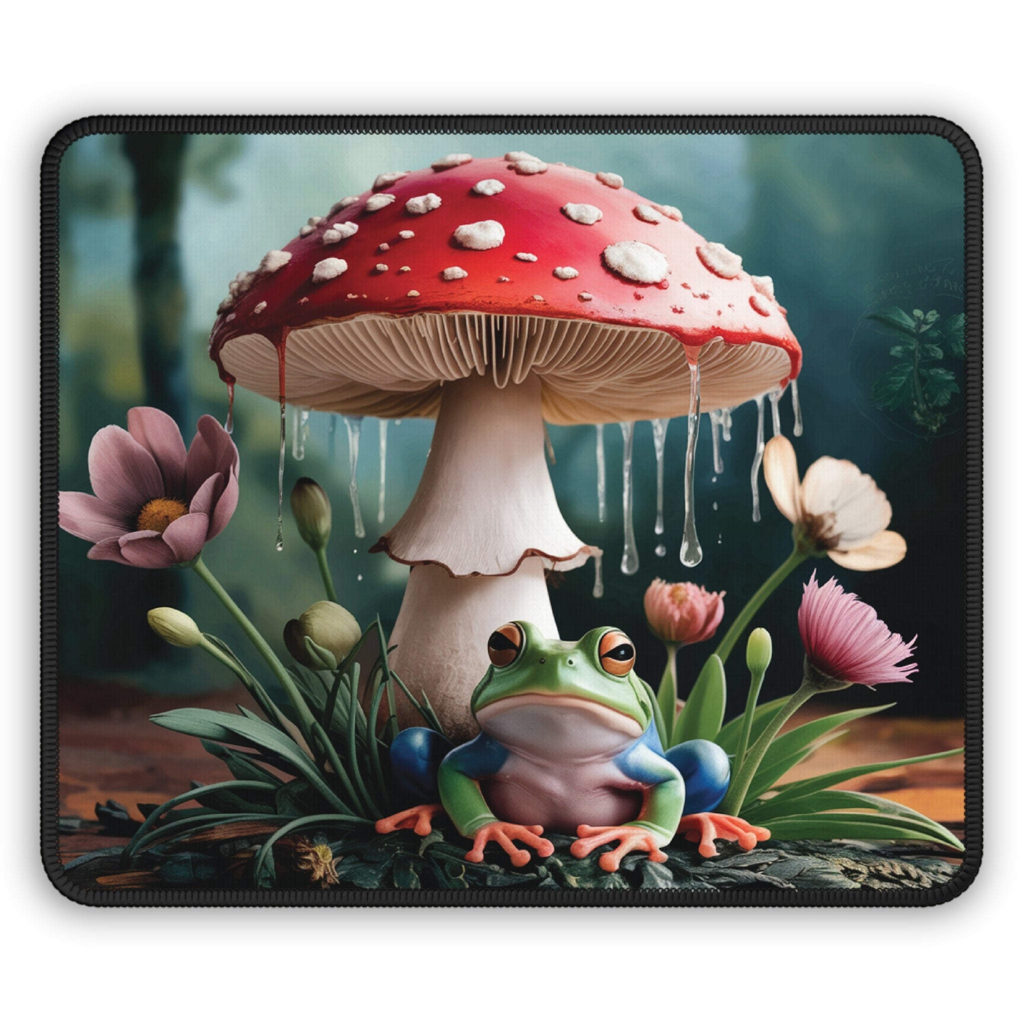 Whimsical Frog Mushroom Gaming Mouse Pad Vibrant Floral Design