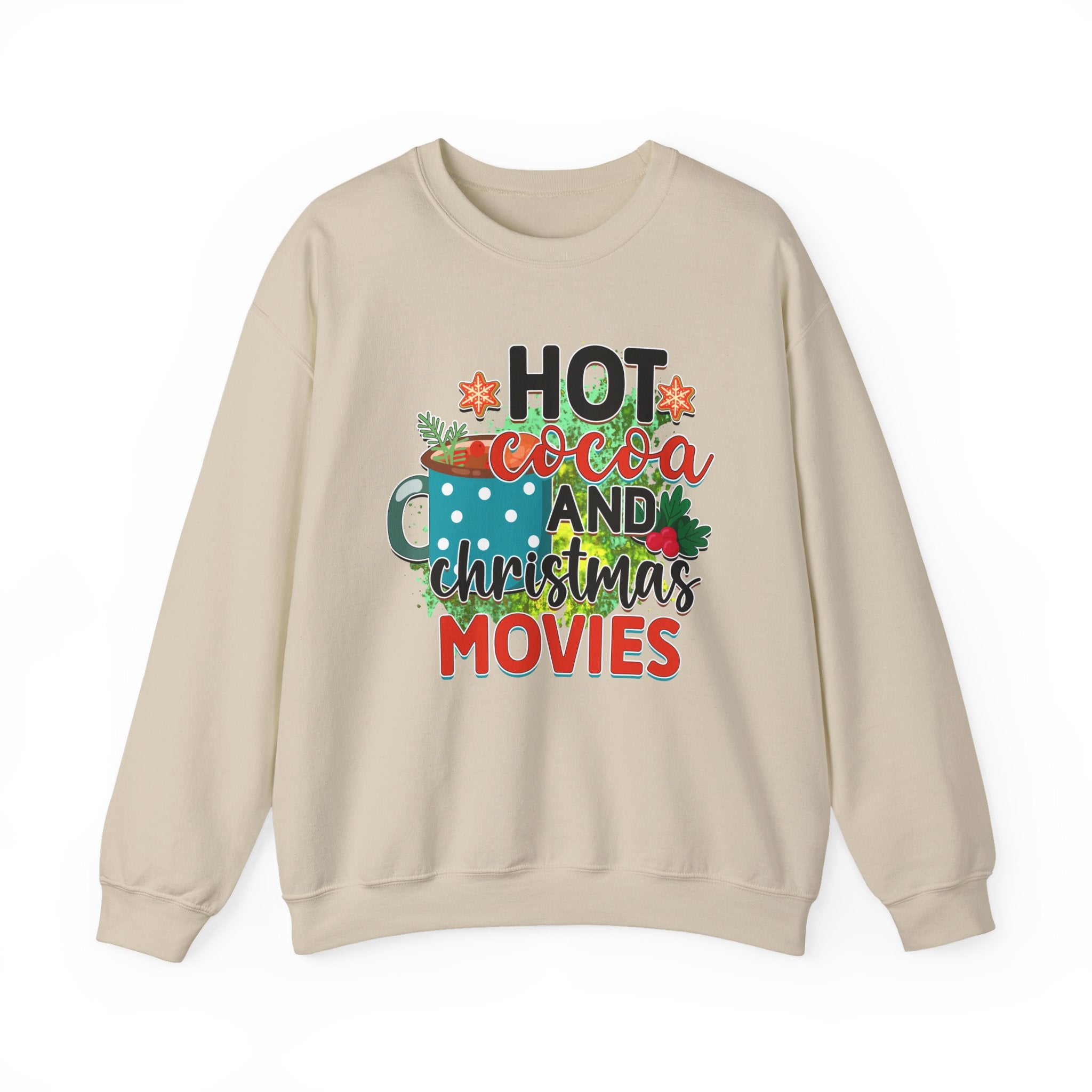 Cozy Holiday Crewneck Sweatshirt - Hot Cocoa and Christmas Movies, Winter Warmth, Gift for Friends & Family, Festive Apparel