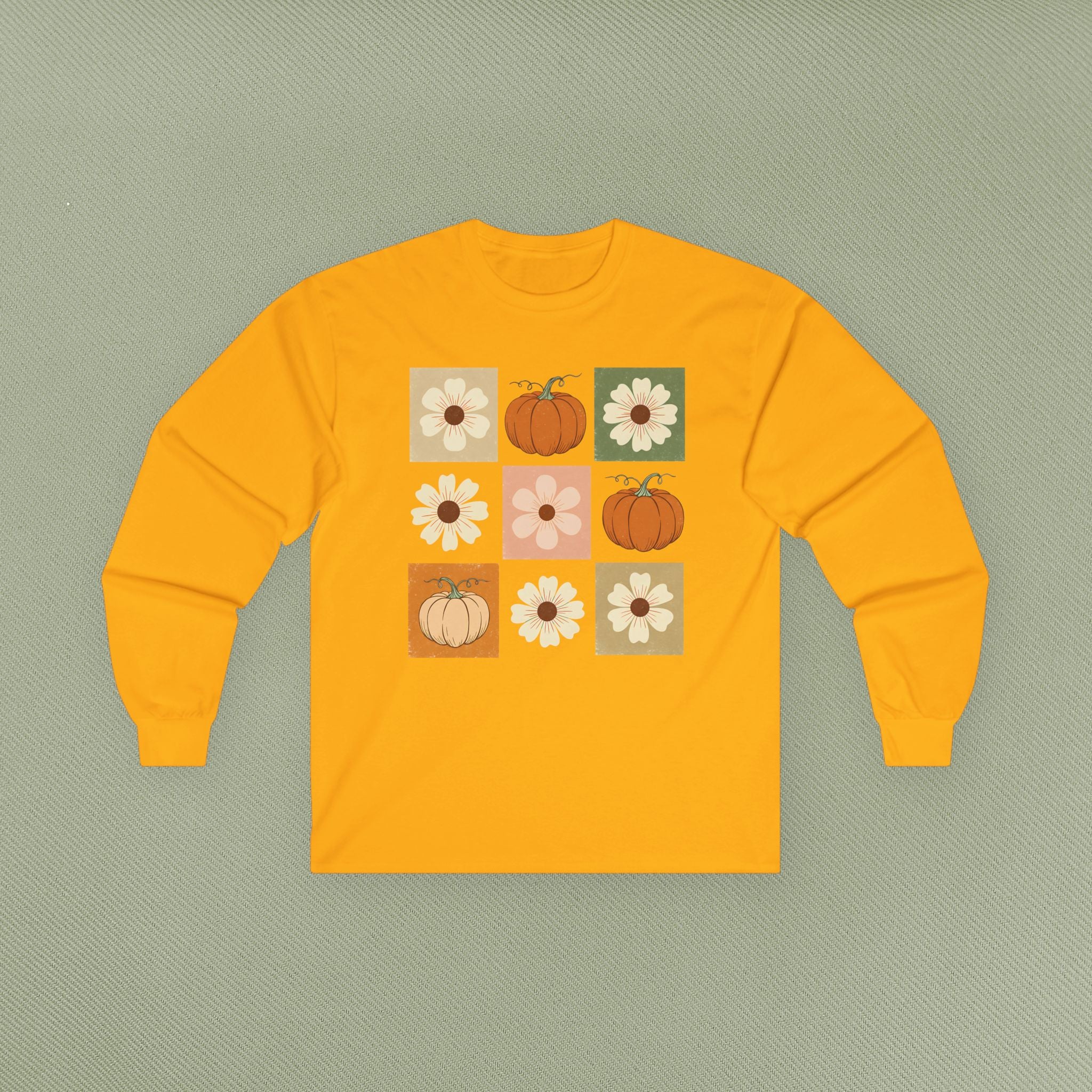 Fall Floral Pumpkin Long Sleeve Tee, Cozy Autumn Top, Cute Harvest Shirt, Thanksgiving Apparel, Seasonal Gift