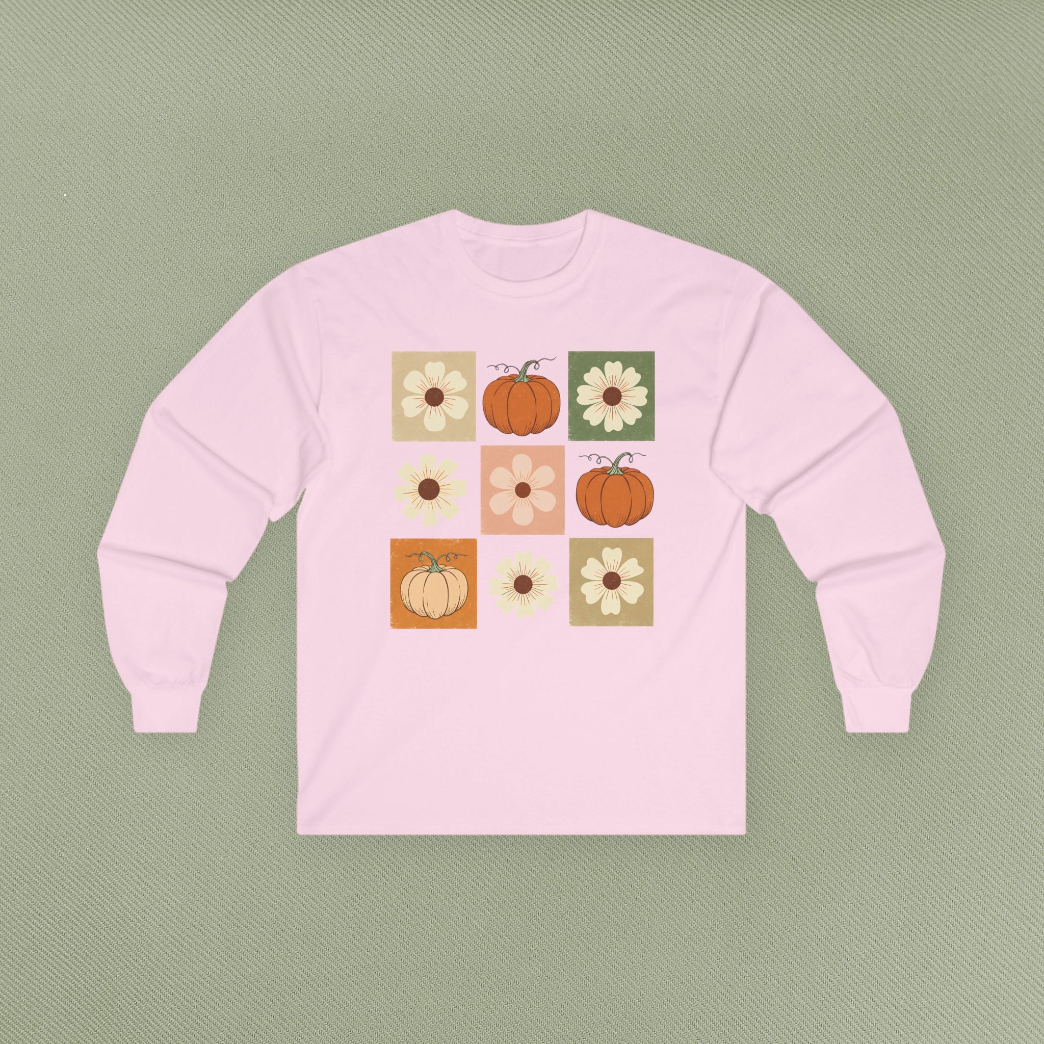 Fall Floral Pumpkin Long Sleeve Tee, Cozy Autumn Top, Cute Harvest Shirt, Thanksgiving Apparel, Seasonal Gift