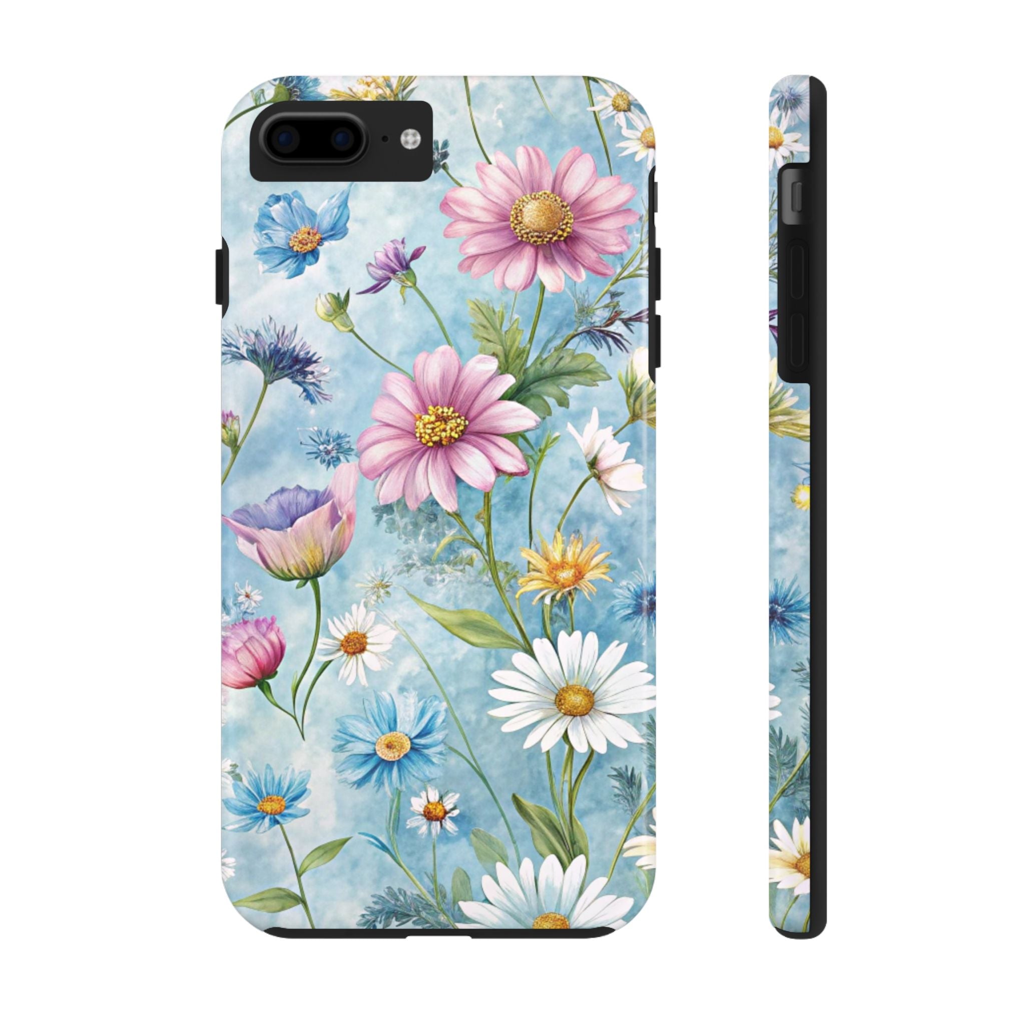 Pink & White Floral on Light Blue Tough iPhone Samsung Case Durable Floral Design for Nature Lovers