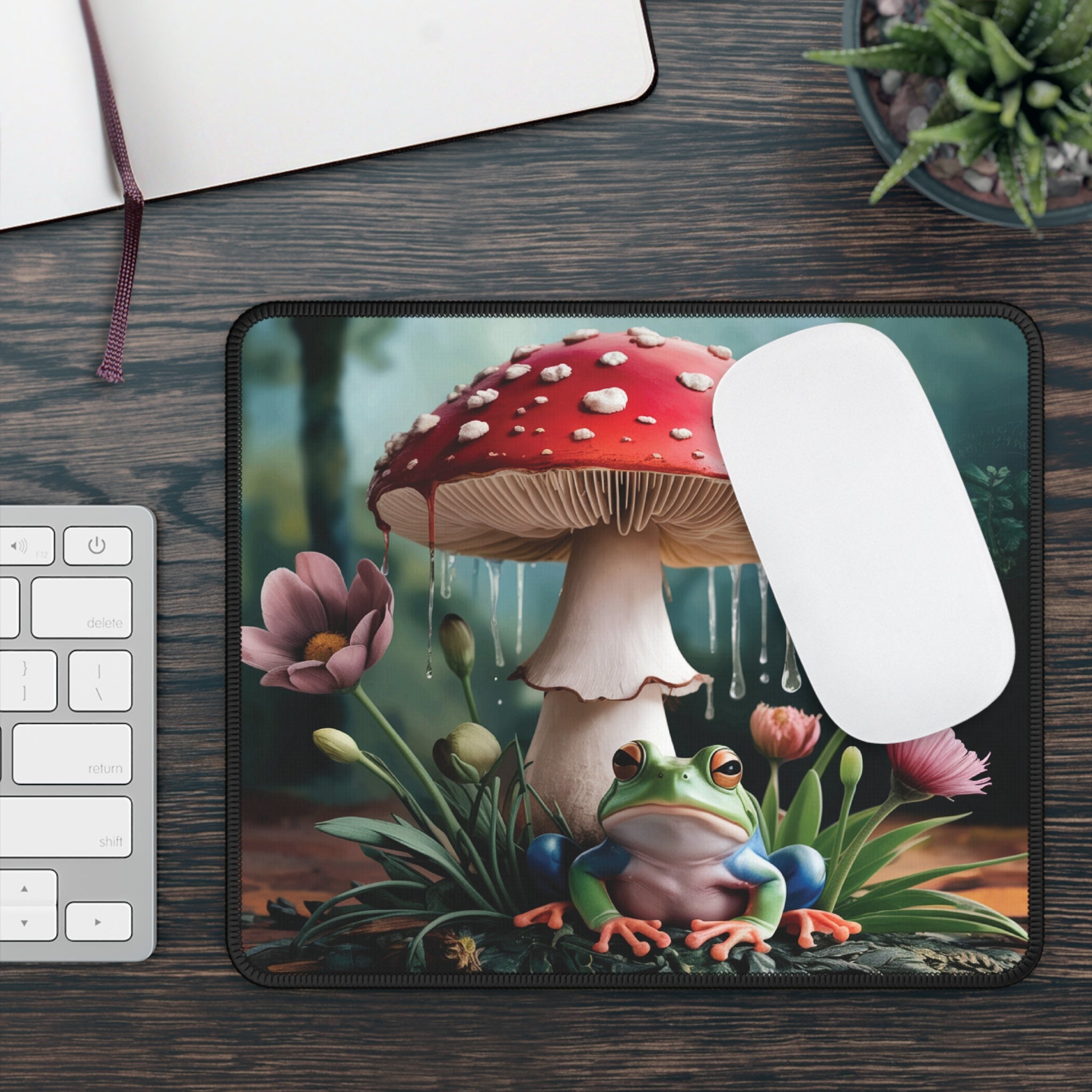 Whimsical Frog Mushroom Gaming Mouse Pad Vibrant Floral Design