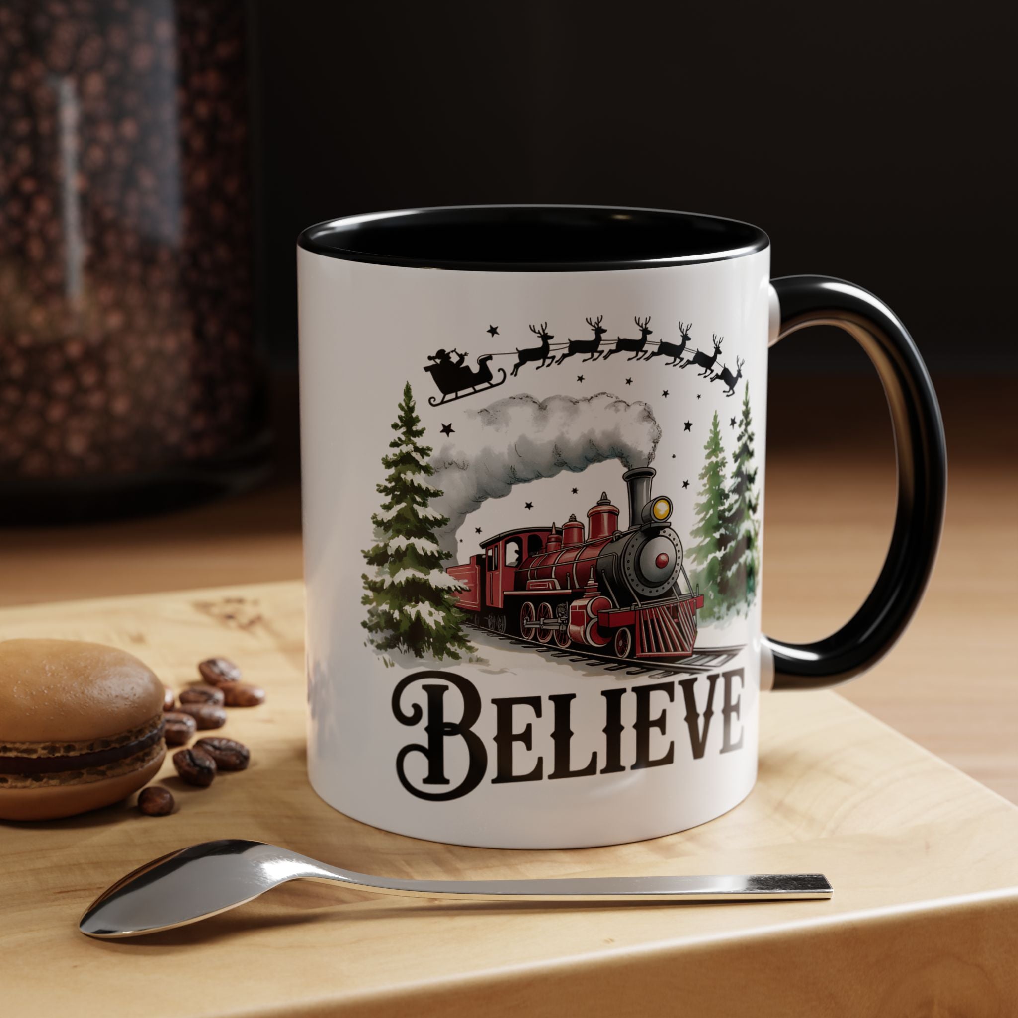 Christmas Believe Coffee Mug, Holiday Mug, Santa Train Mug, Winter Decor, Hot Cocoa Mug, Gift for Her