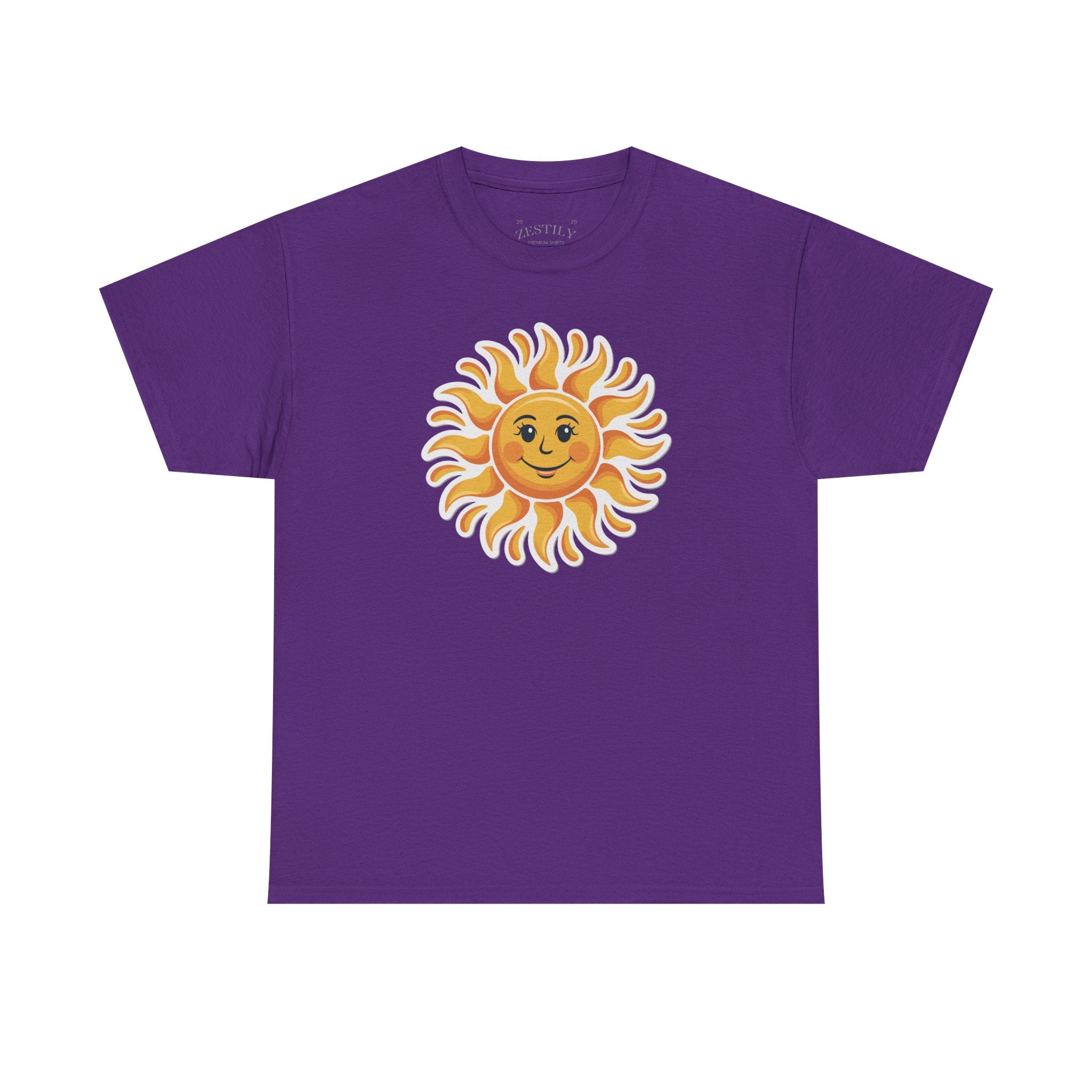 Bright Sunny Smiley Heavy Cotton Tee, Summer Vibes, Casual Wear, Gift for Sun Lovers, Outdoor Activities, Fun T-Shirt