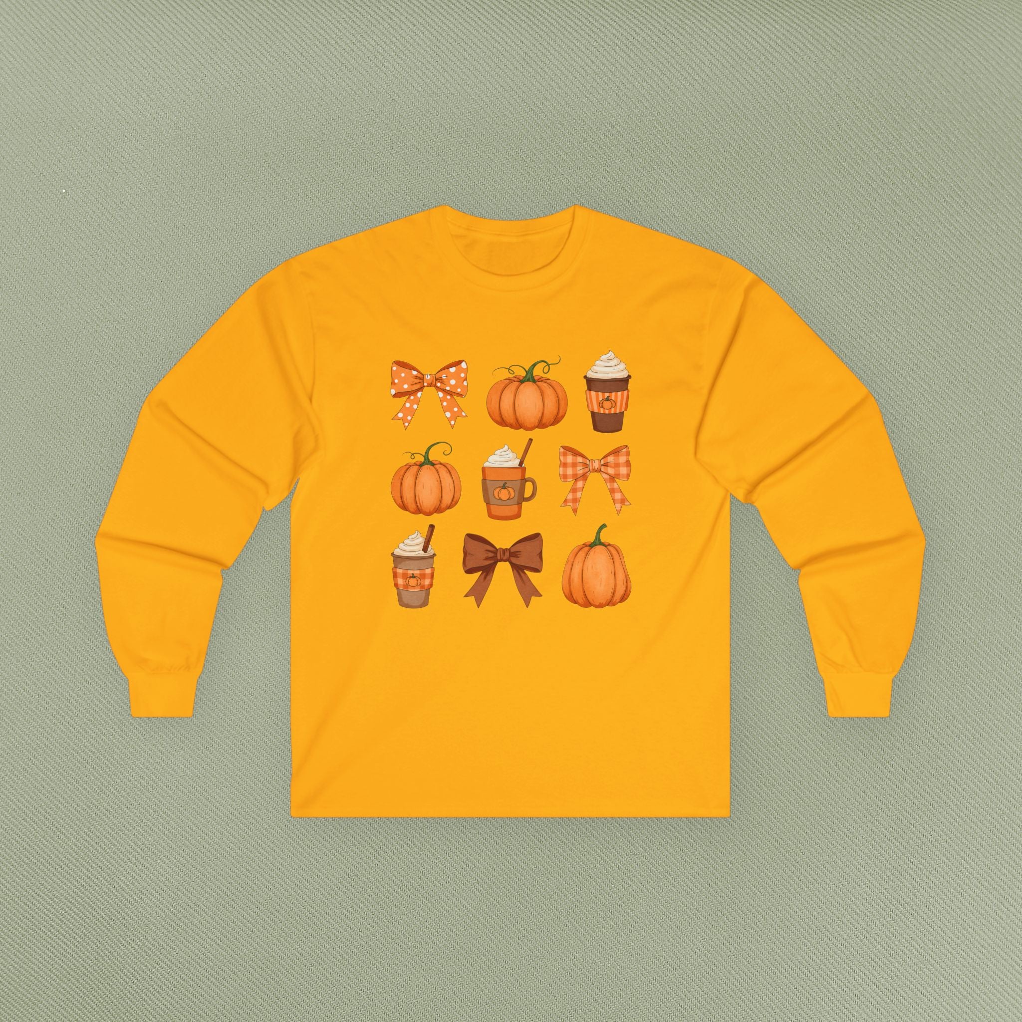 Autumn Vibes Long Sleeve Tee | Pumpkin and Bow Graphic | Cozy Fall Fashion, Thanksgiving, Gift for Her, Seasonal Apparel