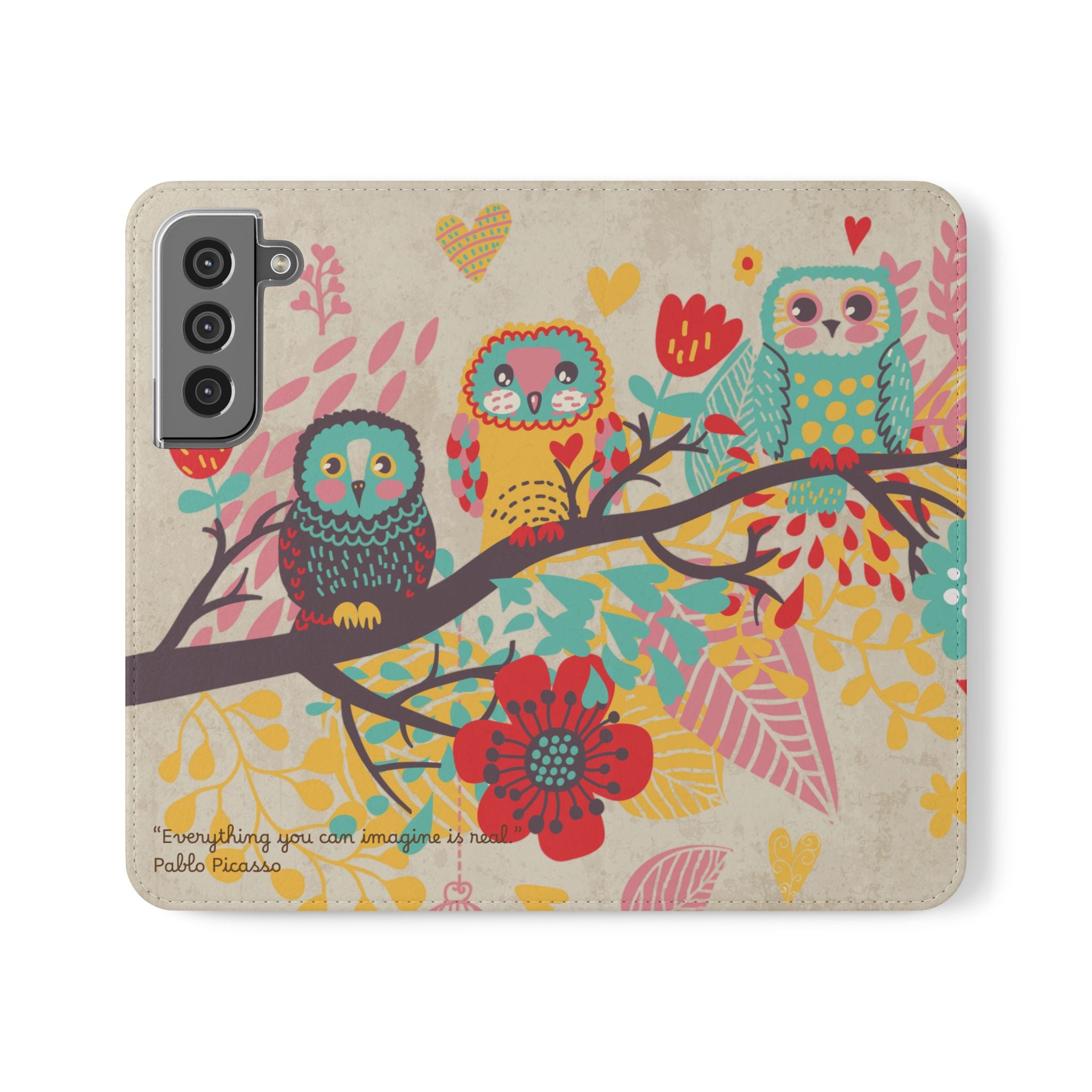 Colorful Owl Picasso Quote Flip Case Cute iPhone Samsung Wallet Cover, Animal Lover Gift, Phone Accessory, Protective Case, Unique Design