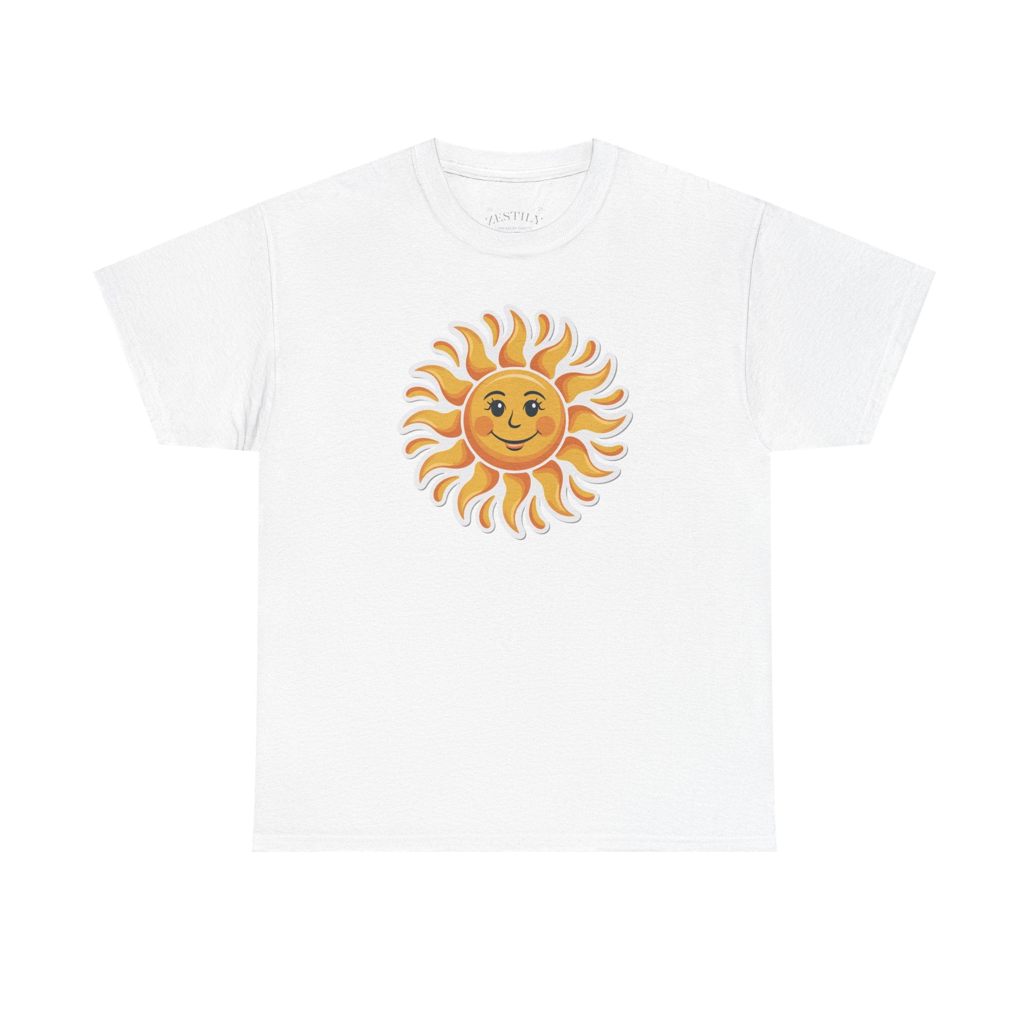 Bright Sunny Smiley Heavy Cotton Tee, Summer Vibes, Casual Wear, Gift for Sun Lovers, Outdoor Activities, Fun T-Shirt