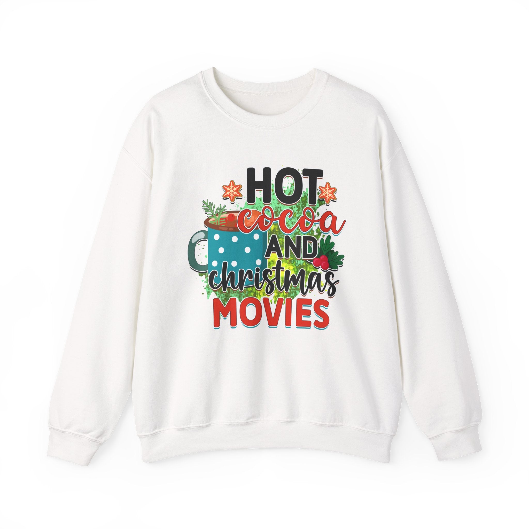 Cozy Holiday Crewneck Sweatshirt - Hot Cocoa and Christmas Movies, Winter Warmth, Gift for Friends & Family, Festive Apparel