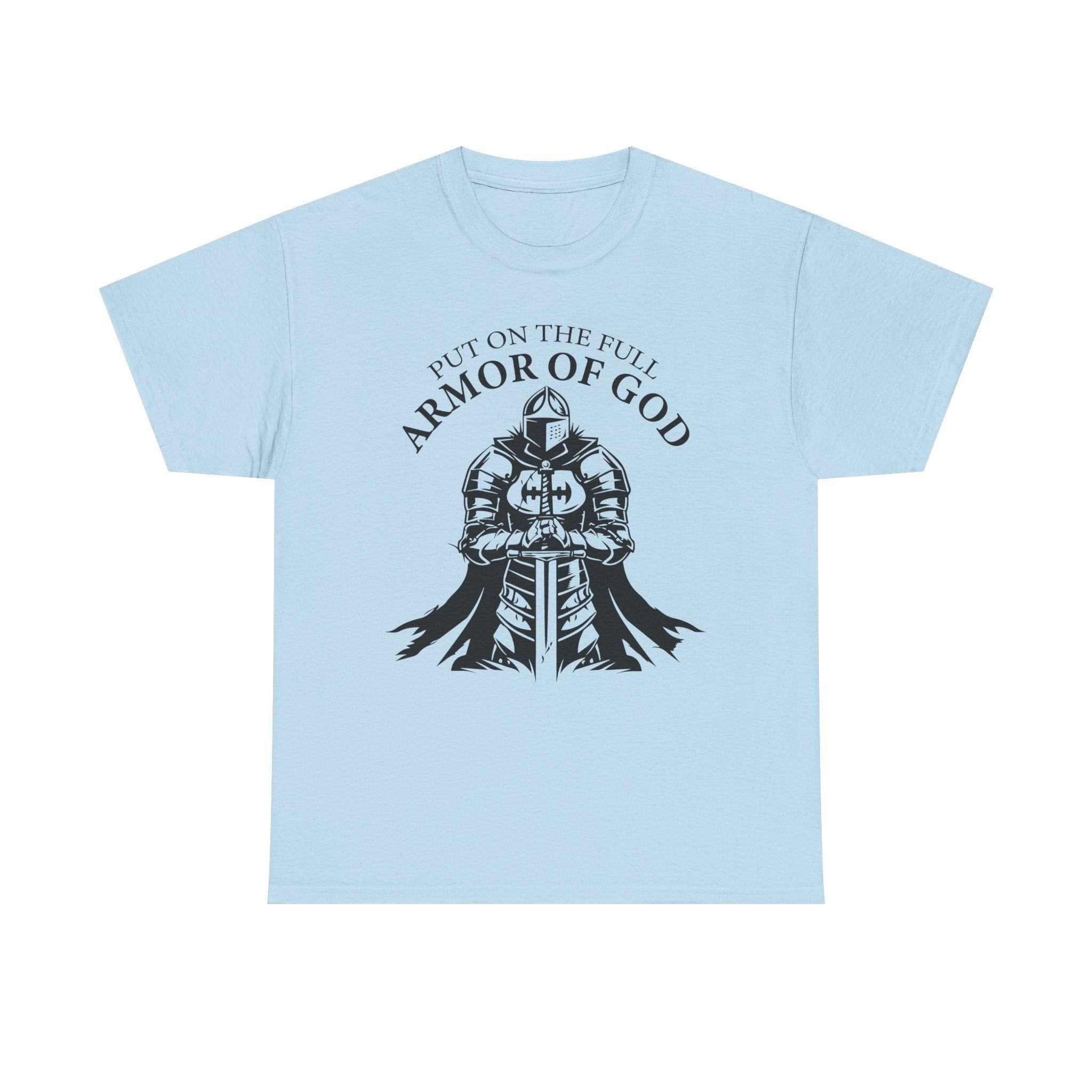 Inspirational Christian Tee 'Put on the Full Armor of God' with Romans 6:23 Faith Heavy Cotton T-Shirt