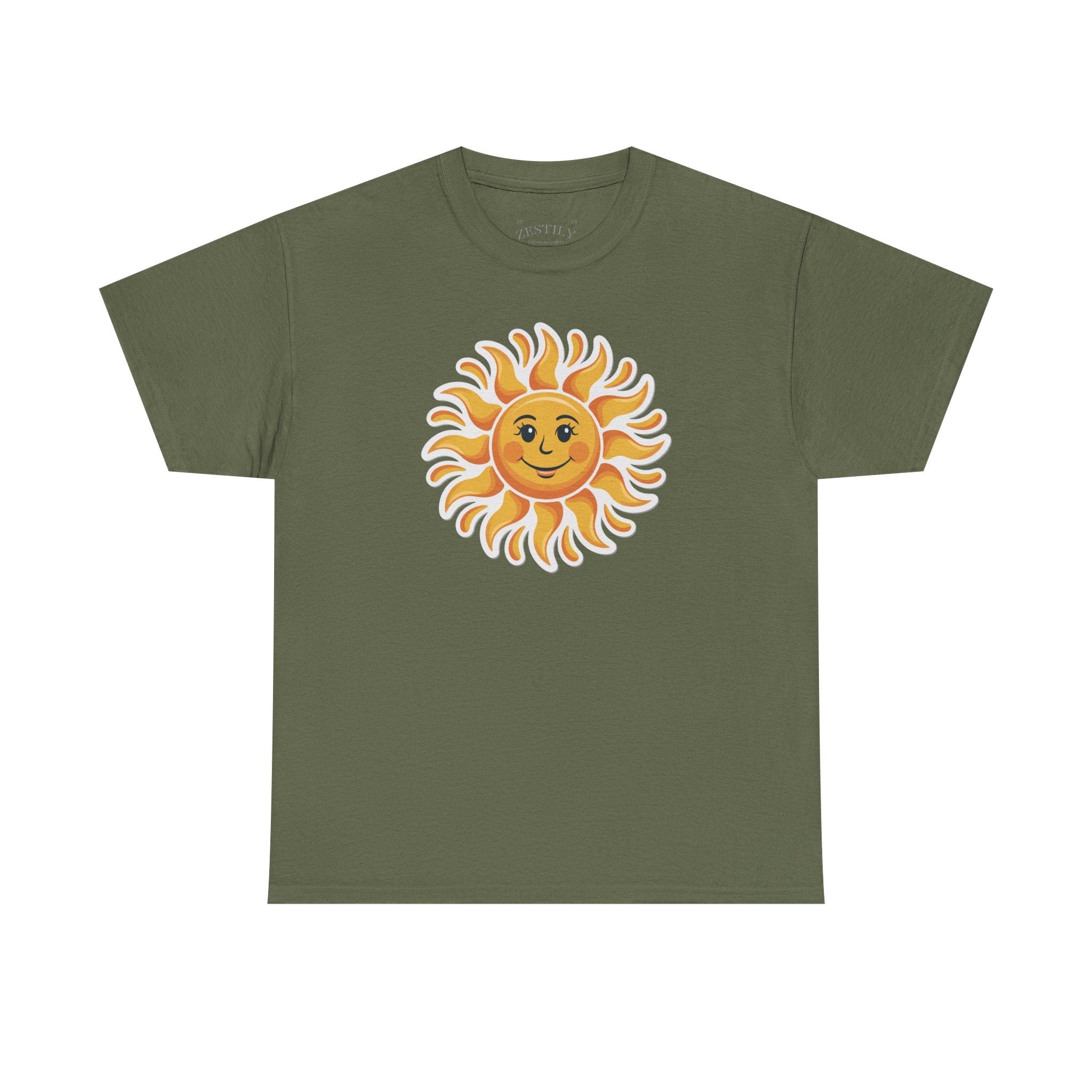 Bright Sunny Smiley Heavy Cotton Tee, Summer Vibes, Casual Wear, Gift for Sun Lovers, Outdoor Activities, Fun T-Shirt