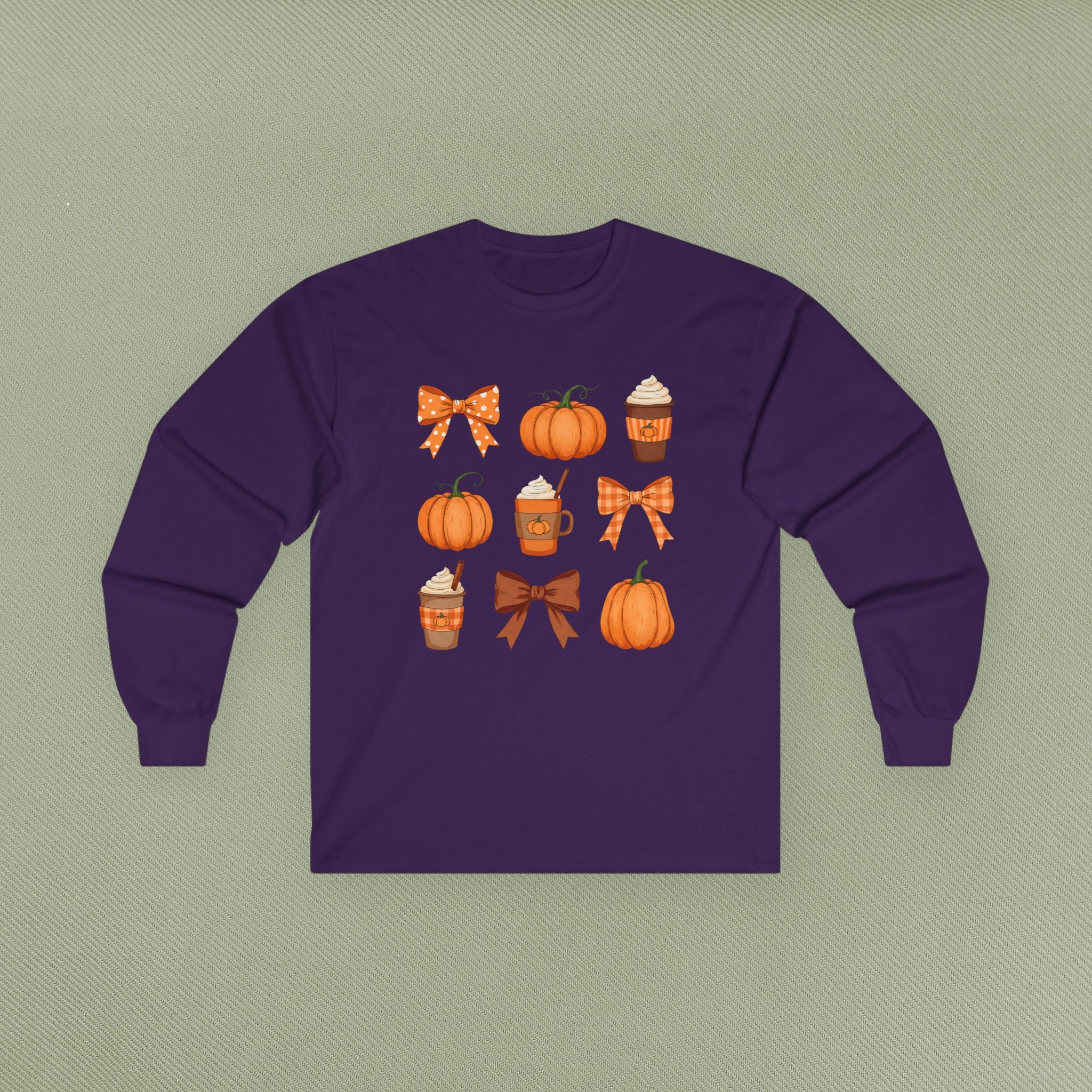 Autumn Vibes Long Sleeve Tee | Pumpkin and Bow Graphic | Cozy Fall Fashion, Thanksgiving, Gift for Her, Seasonal Apparel