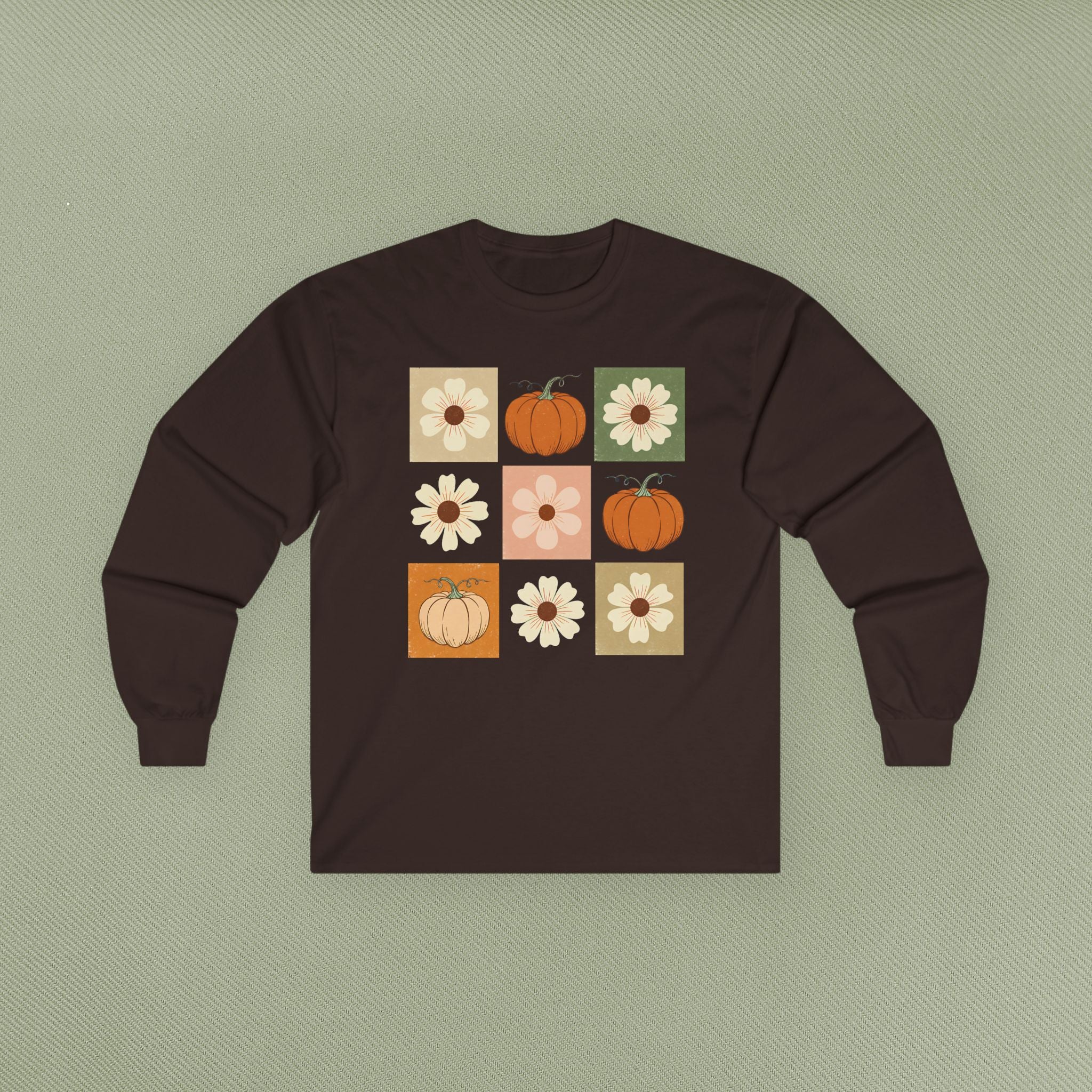 Fall Floral Pumpkin Long Sleeve Tee, Cozy Autumn Top, Cute Harvest Shirt, Thanksgiving Apparel, Seasonal Gift