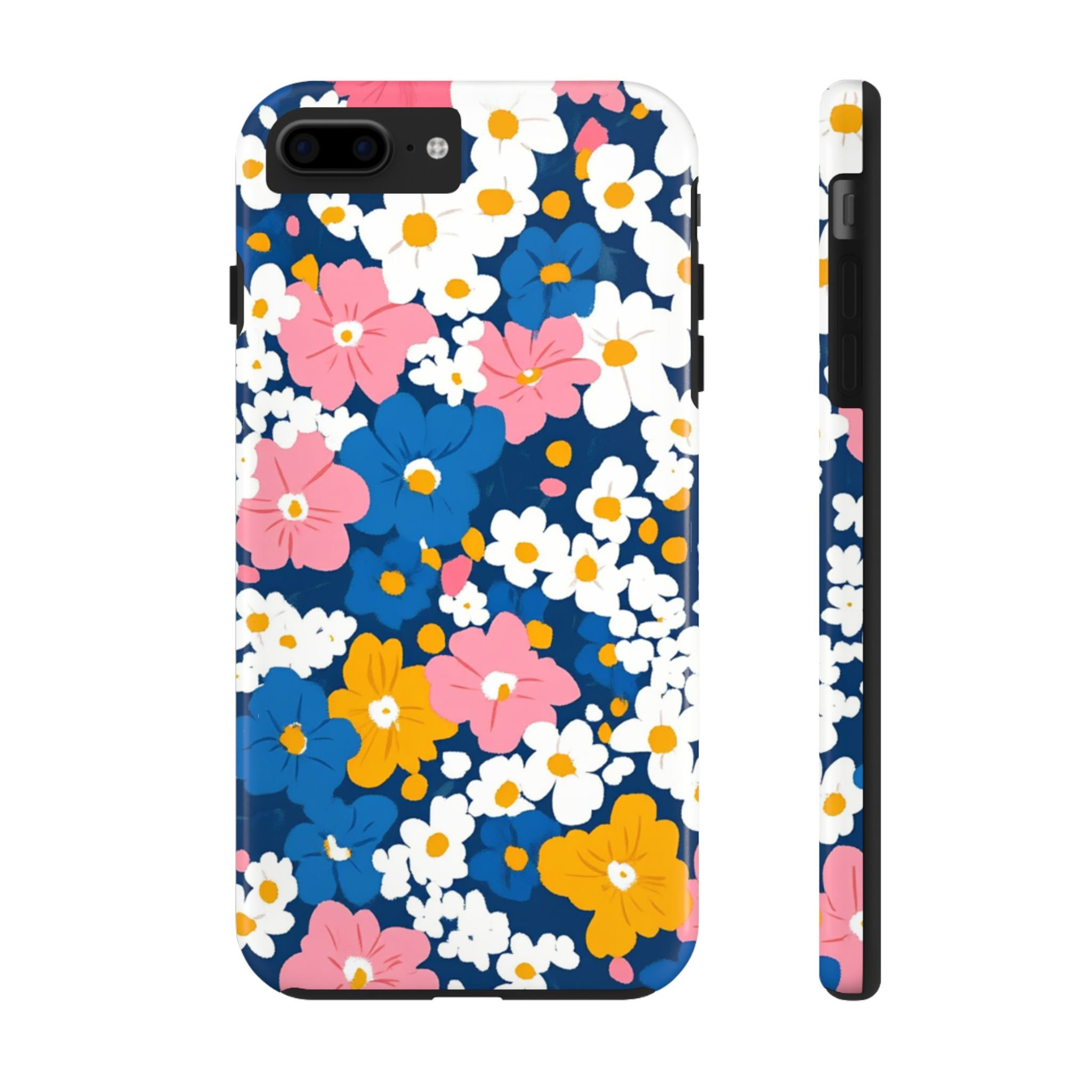 Blue, White, & Pink Floral Impact Resistant Tough iPhone Samsung Case Colorful Flower Design for Stylish Protection