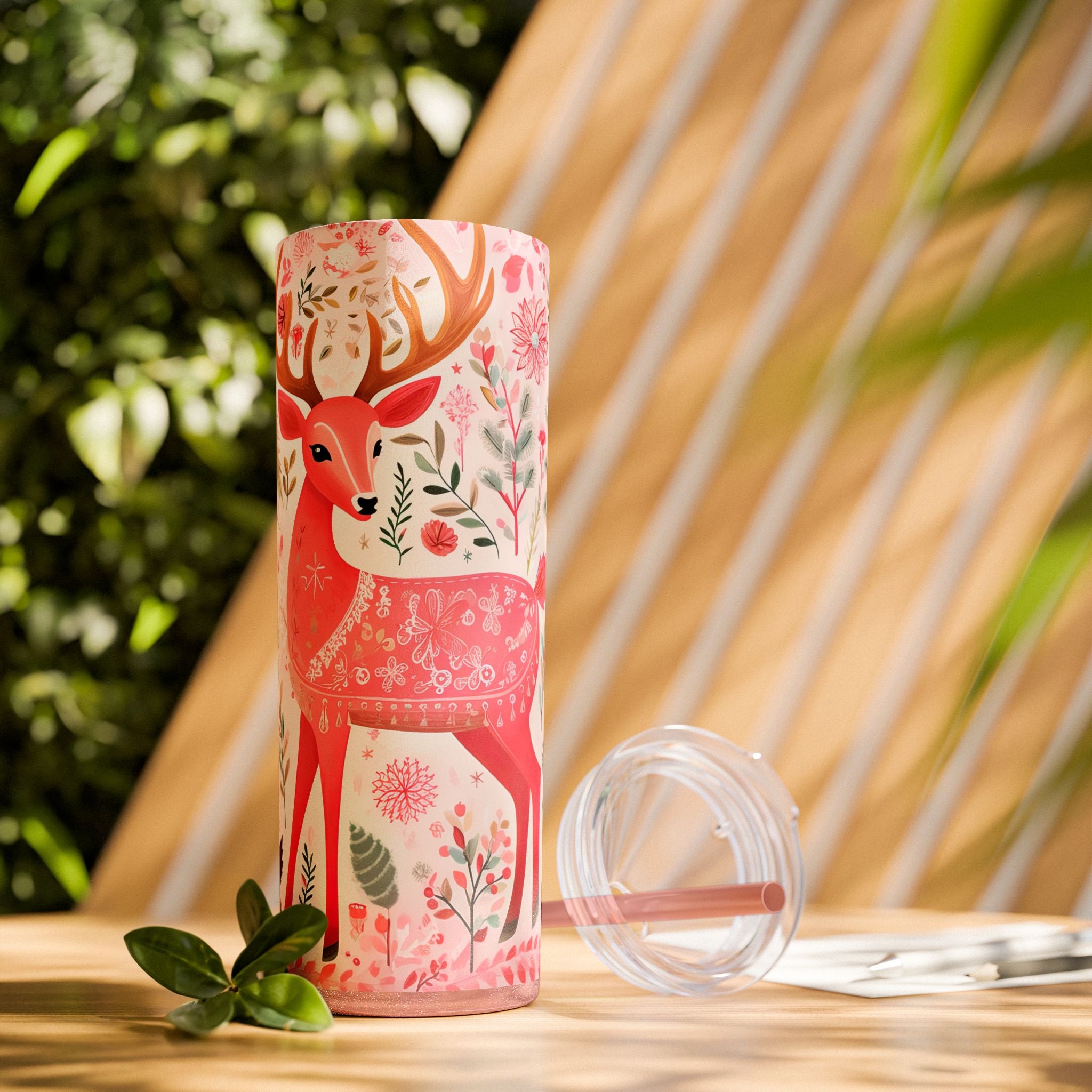 Christmas Deer Skinny Tumbler With Straw