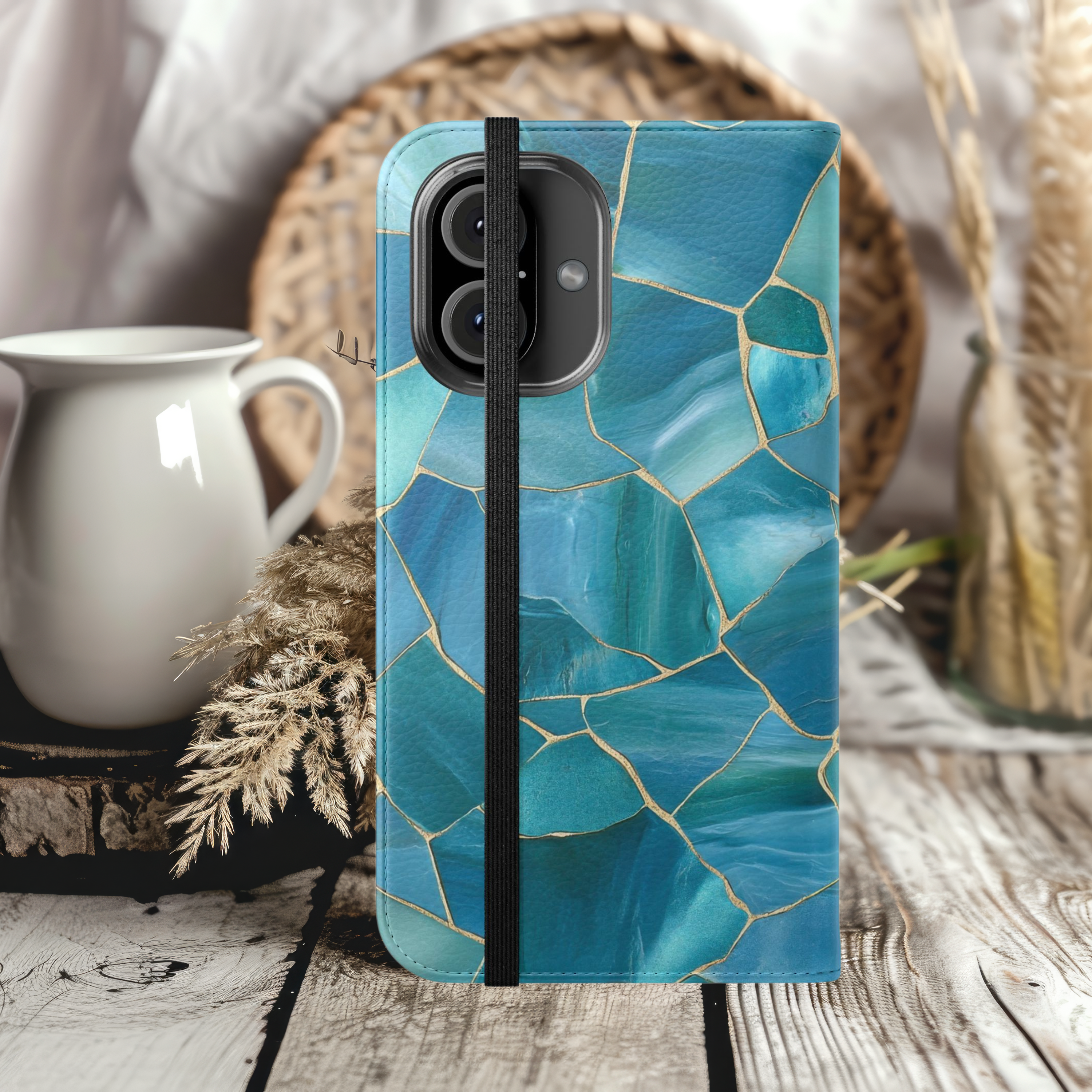 Elegant Ocean Blue Stained Glass Look Flip Case for Smartphones Stylish and Practical iPhone Samsung Accessory