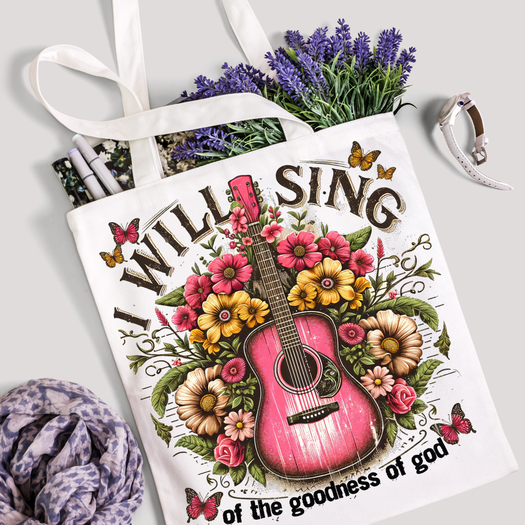 "I Will Sing of the Goodness of God" Floral Guitar Tote Bag Stylish Eco-Friendly Carryall for Music Lovers & Showing Your Faith