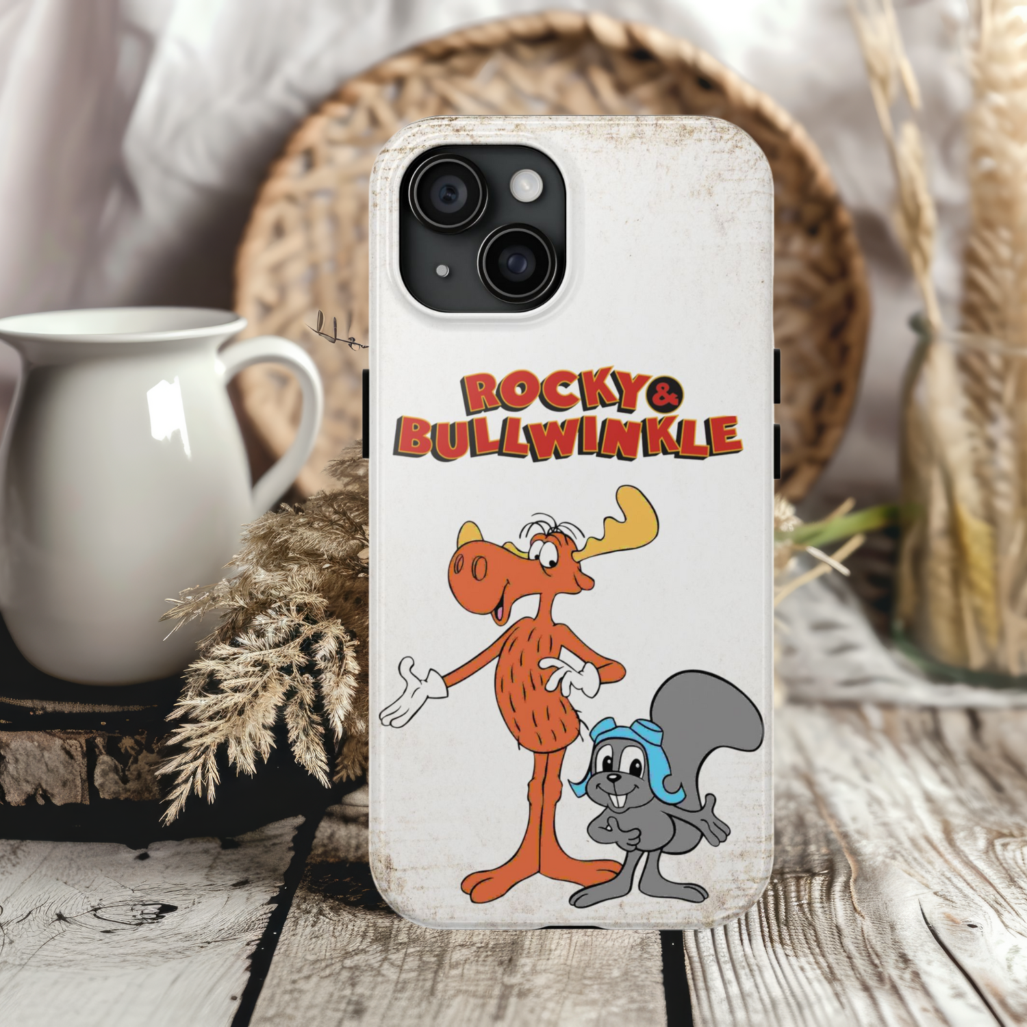 Retro Vintage Look Rocky & Bullwinkle Inspired Tough iPhone Samsung Case Fun Cartoon Style, Gift for Kids, and Themed Parties, Durable Protection
