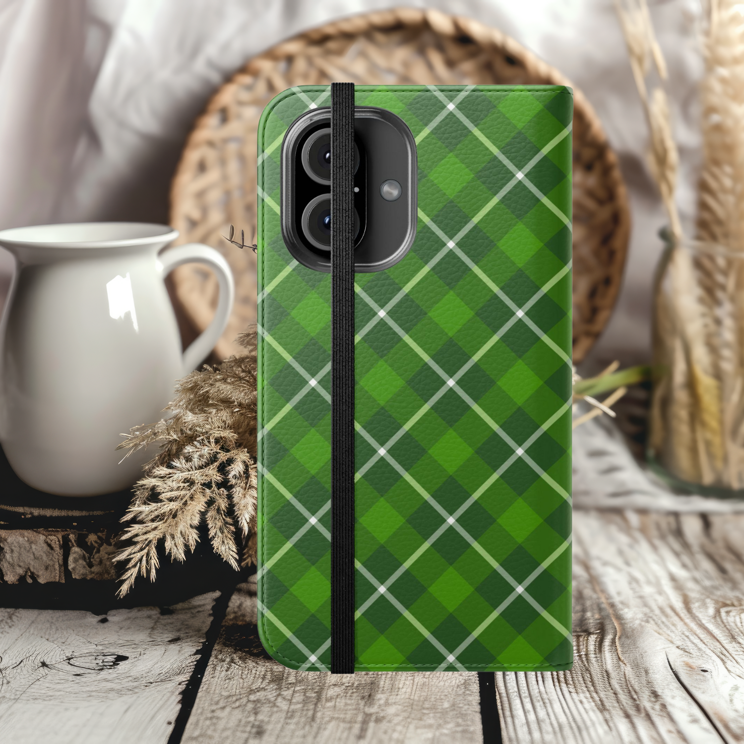 Stylish Flip Case with Green Plaid Design iPhone Samsung Wallet Cover, Green Checkered Case, Versatile Phone Accessory, Perfect Gift for Holidays