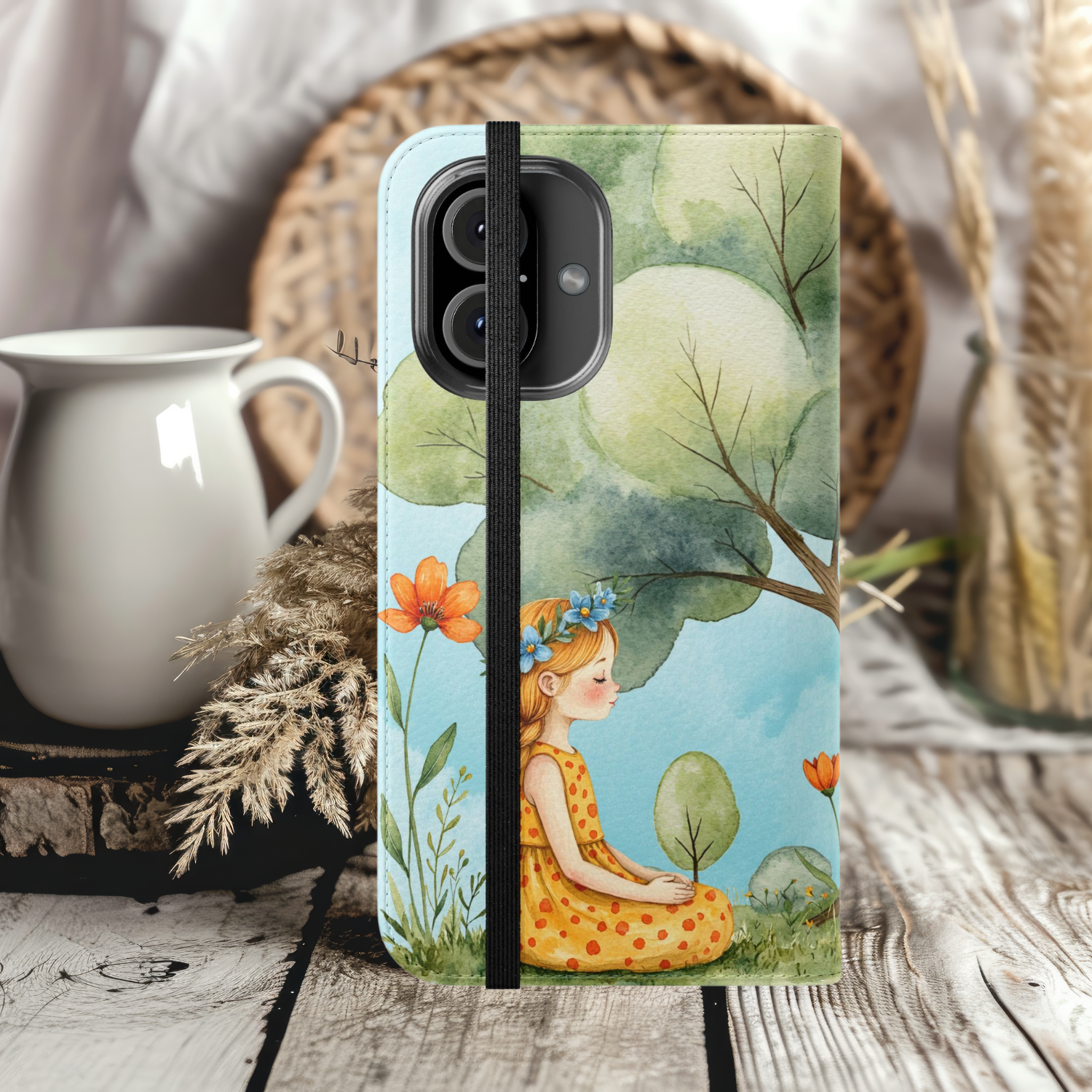 Whimsical Girl & Deer Floral Flip Case for iPhone Samsung, Cute Phone Holder, Forest Animal Cover, Nature Lover Accessory