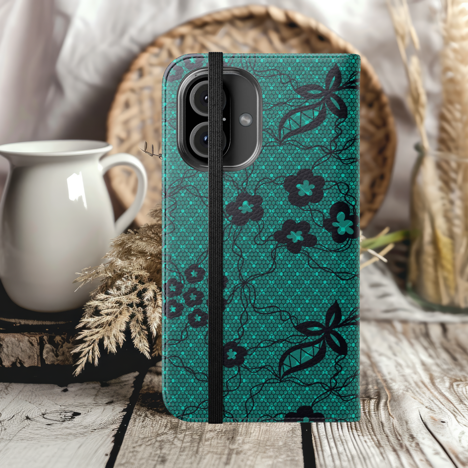 Green & Black Floral Bows Flip Case iPhone Samsung Wallet, Stylish Cover, Gift for Her, Floral Design, Everyday Essential Protective Case