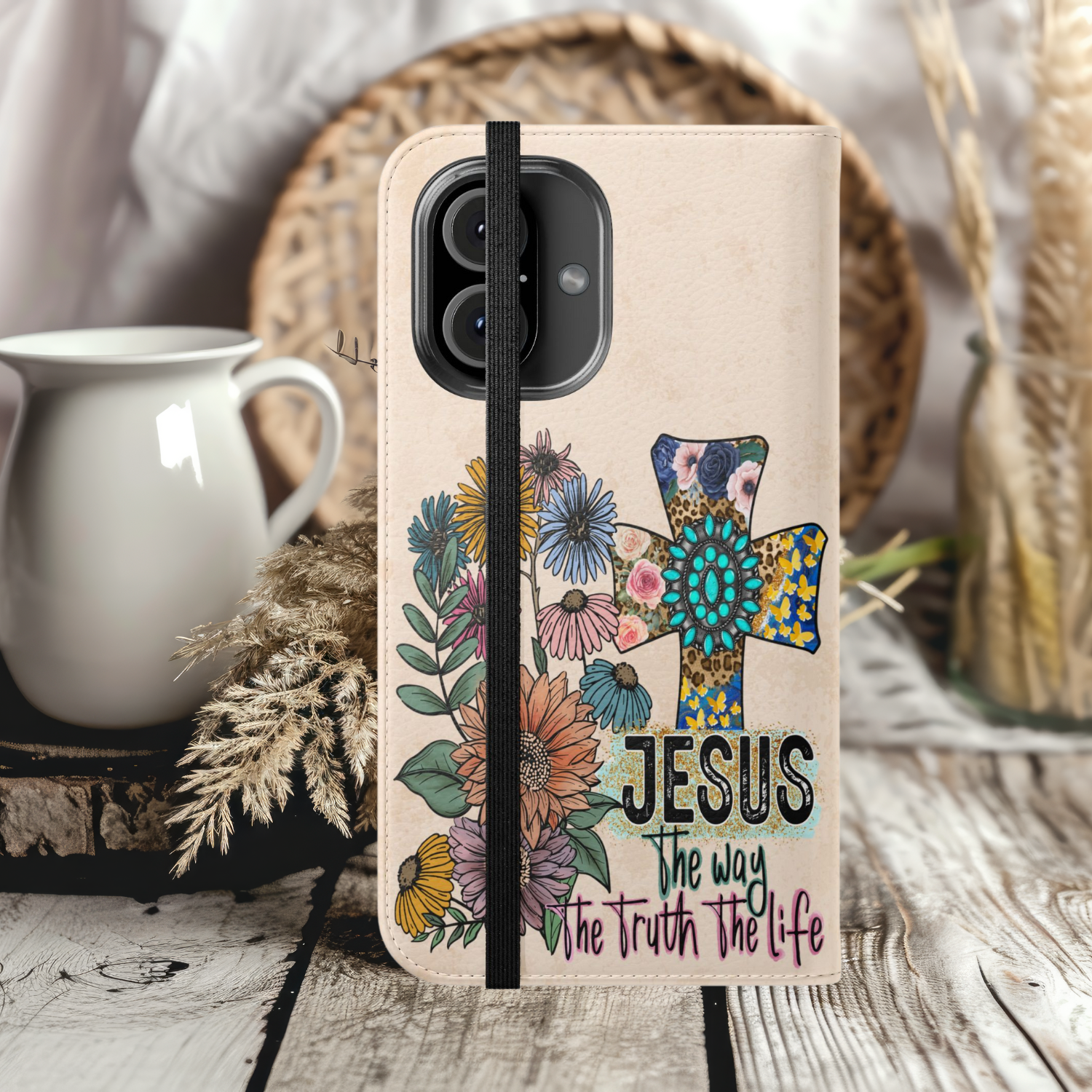 Floral Faith Flip Case Jesus The Way, Truth, Life Phone Wallet for Christians, Gift for Faith Lovers, Stylish Accessory For iPhone and Samsung Phones