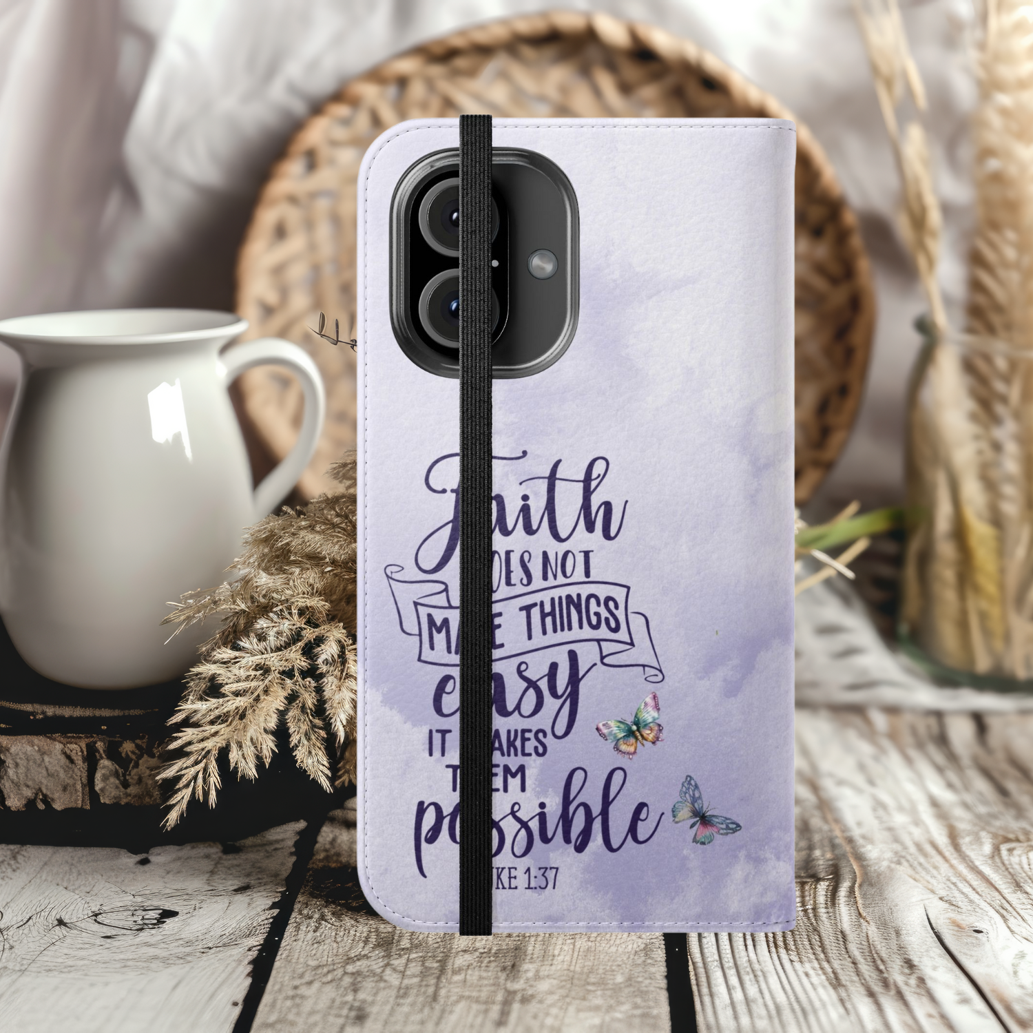 Faith-Inspired Purple Flip Case for iPhone Samsung, Inspirational Accessory, Christian Gift, Stylish Protection, Everyday Use Wallet Phone Cover