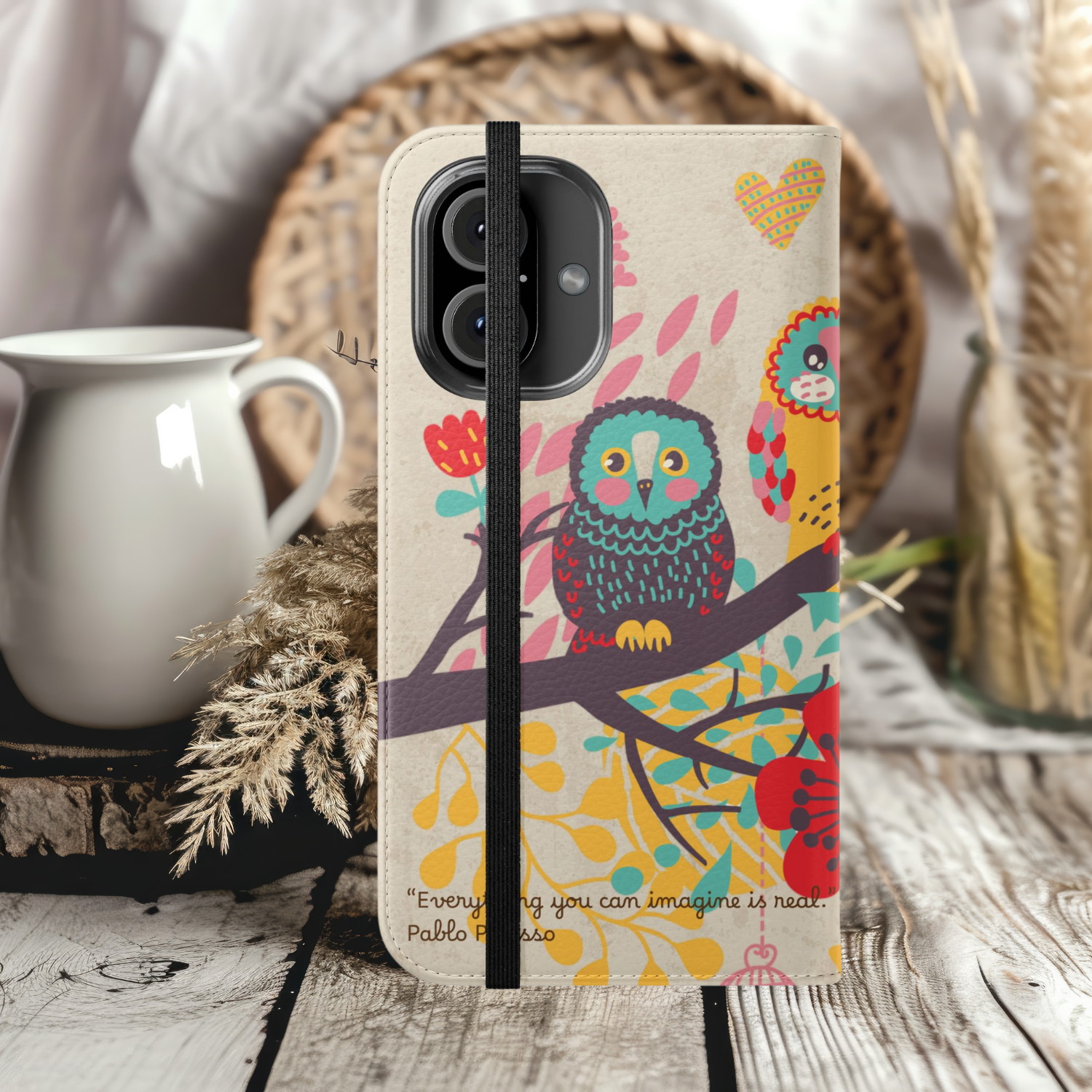 Colorful Owl Picasso Quote Flip Case Cute iPhone Samsung Wallet Cover, Animal Lover Gift, Phone Accessory, Protective Case, Unique Design