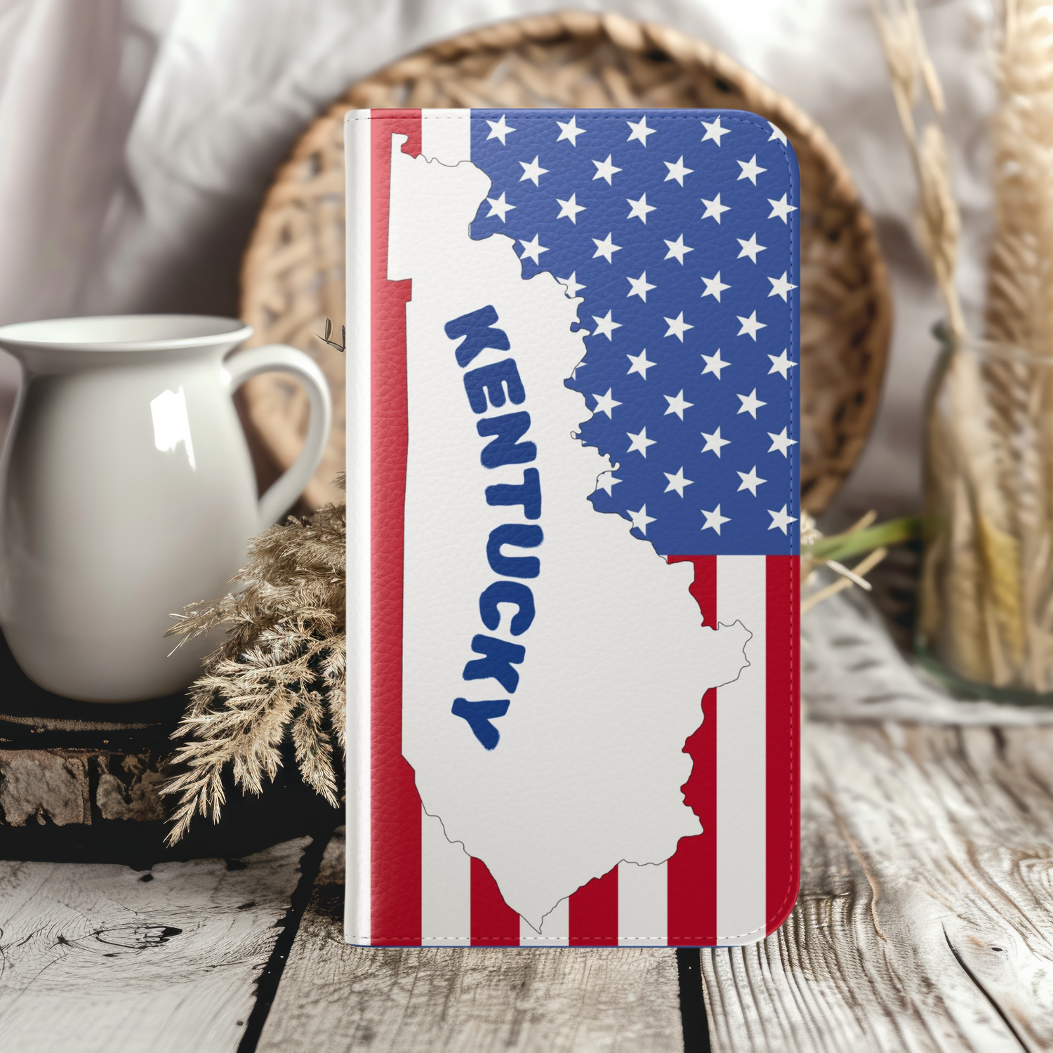 Kentucky State USA Stars & Stripes Flag Phone Flip Case Americana Style, Love Your State Wallet Faux Leather iPhone & Samsung Case