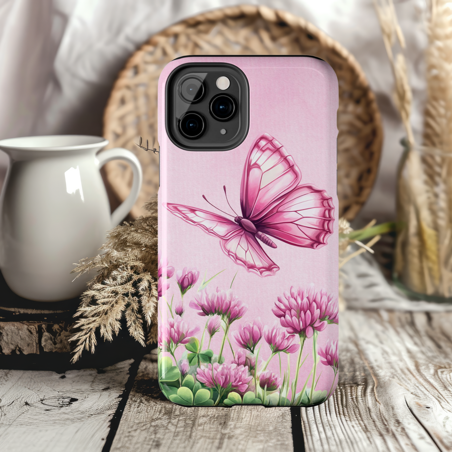 Charming Floral Pink Butterfly Phone Case, Tough Butterfly Case, Elegant Flower Design, Gift for Butterfly Lovers, Stylish Protective iPhone Samsung Cover