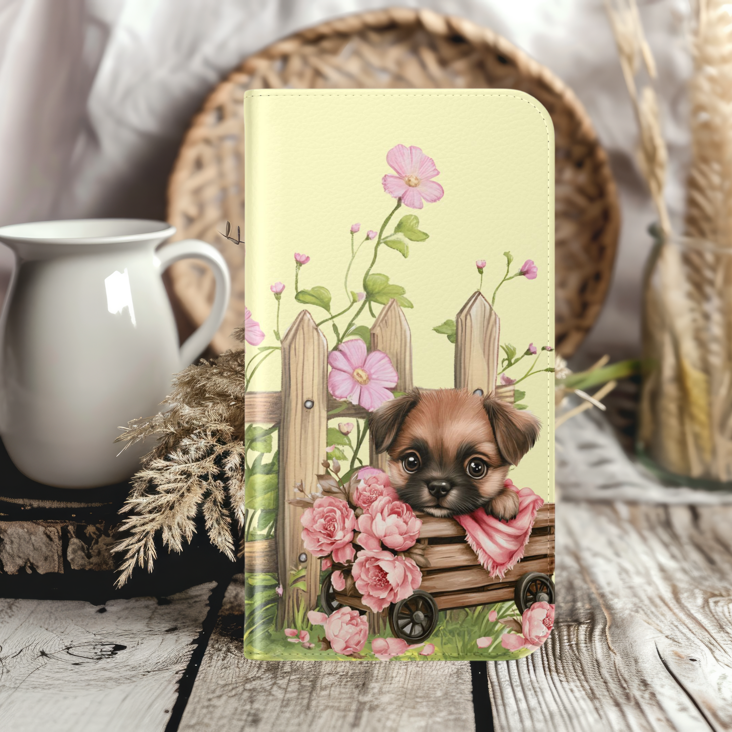 Cute Puppy Flip Case, iPhone Samsung Wallet, Pet Lover Gift, Floral Design, Cute Animal Accessory, Unique Phone Case