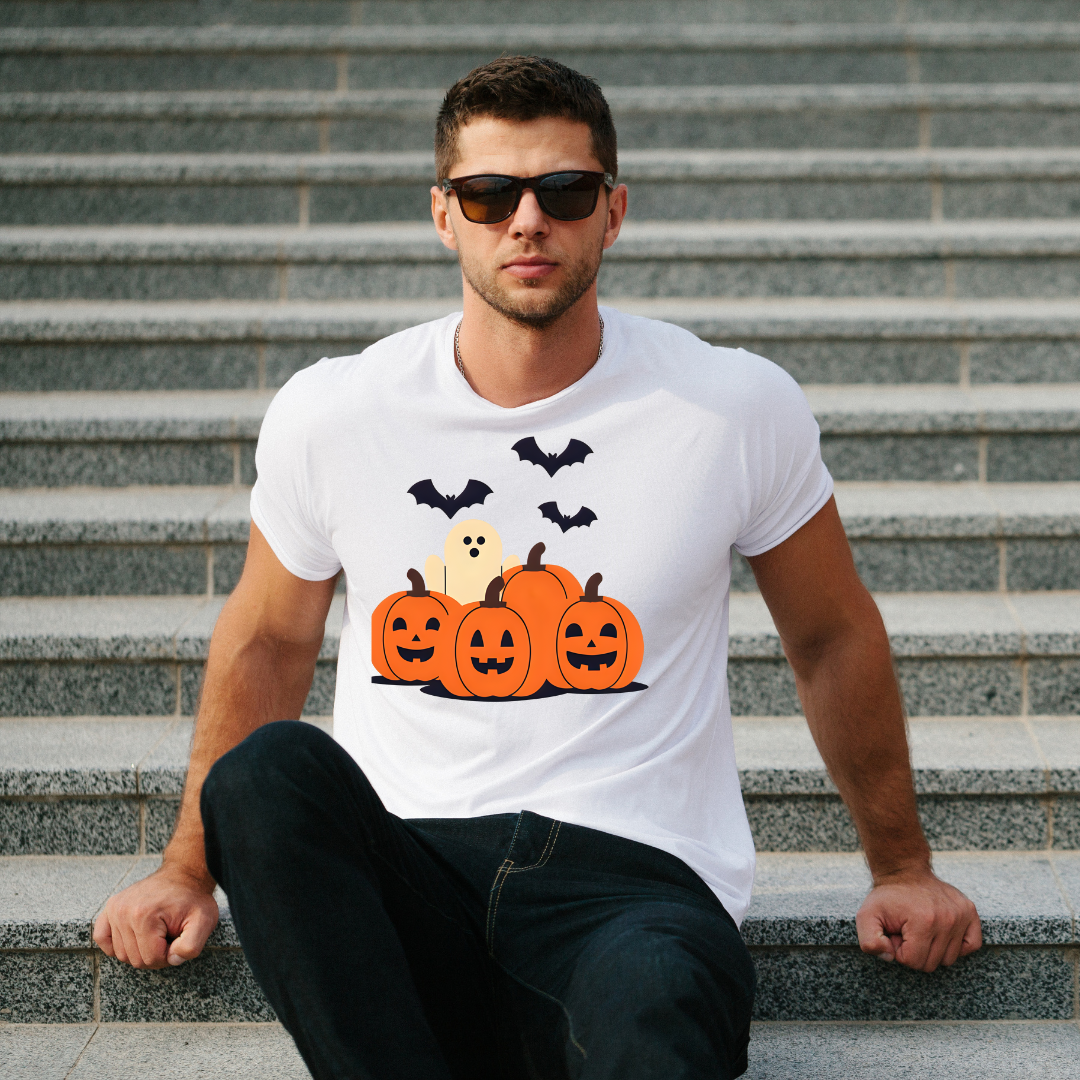 Halloween Ghost & Pumpkin Heavy Cotton Tee, Halloween shirt, spooky t-shirt, fall fashion, casual Halloween attire, cute ghost tee