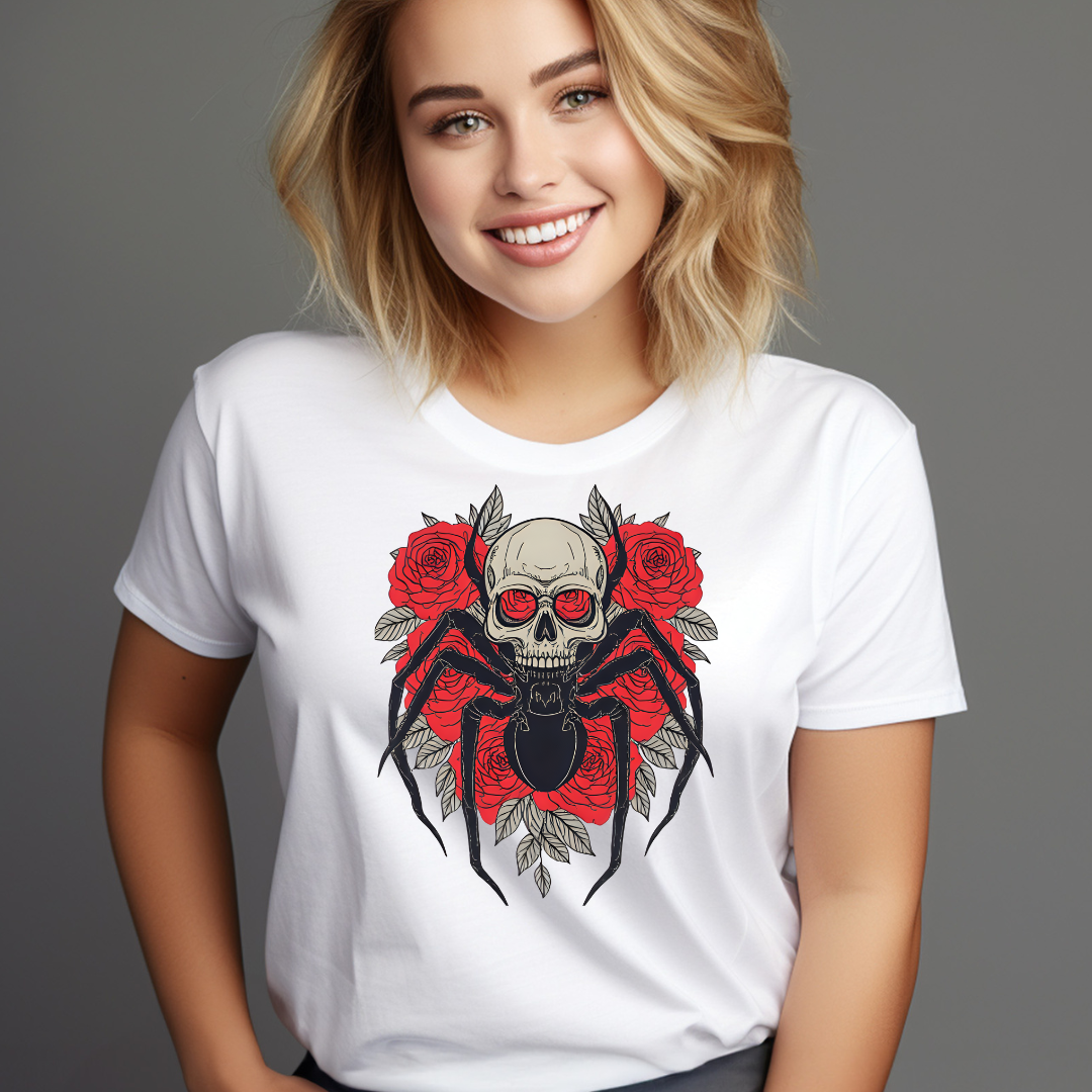 Gothic Skull and Roses Spider Tee, Heavy Cotton Tee, Edgy T-Shirt, Halloween Gift, Alternative Fashion, Graphic Tee, Casual Wear