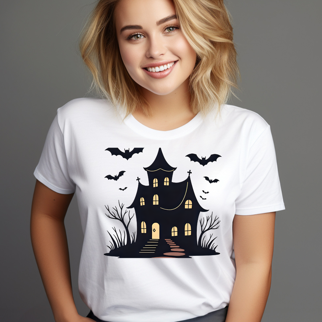 Spooky Haunted House Tee, Halloween T-Shirt, Halloween Shirt, Bats Graphic Tee, Ghosts and Ghouls Apparel