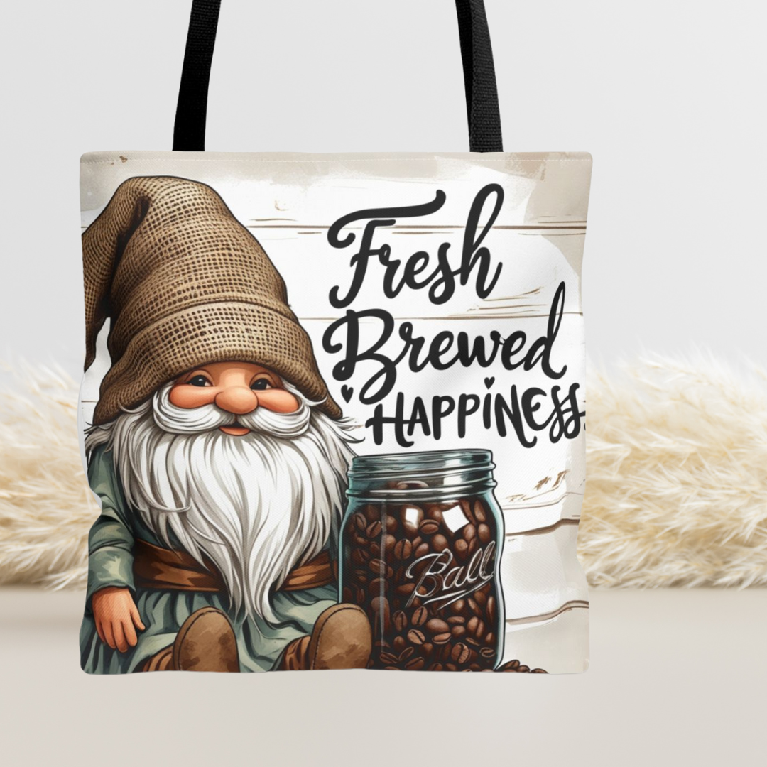 Fall Gnome Tote Bag, Perfect for Coffee Lovers, Fresh Brewed Happiness, Seasonal Accessory, Gift for Her, Autumn Vibes