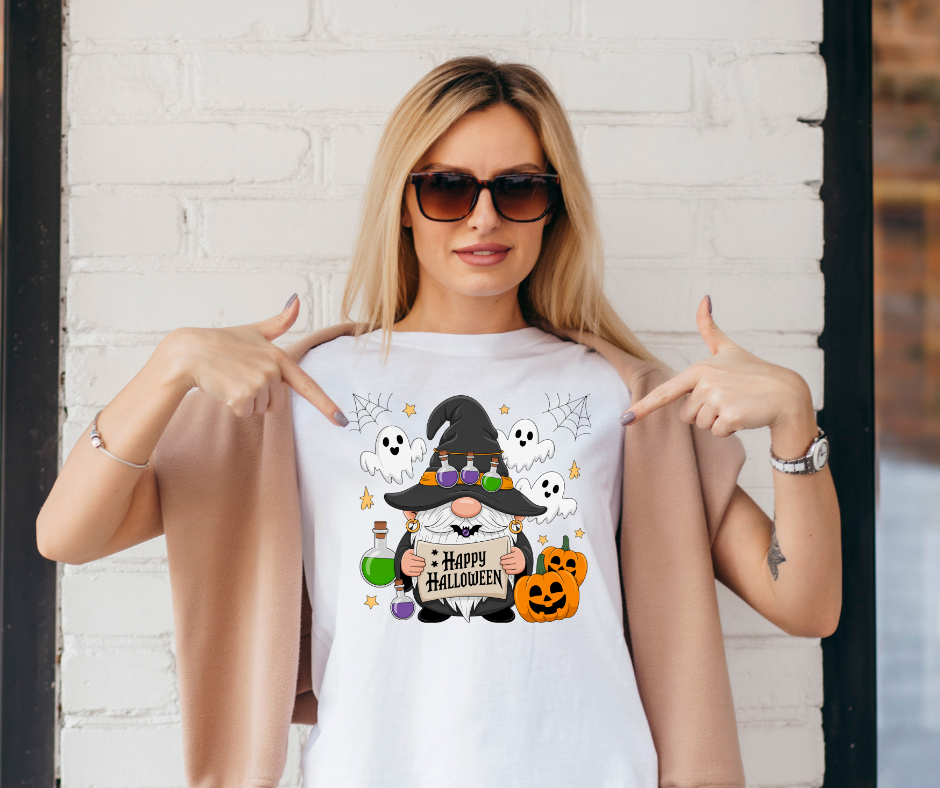 Halloween Gnome Tee, Holiday Shirt, Spooky Cotton T-Shirt, Fun Halloween Apparel, Cute Ghosts & Pumpkins