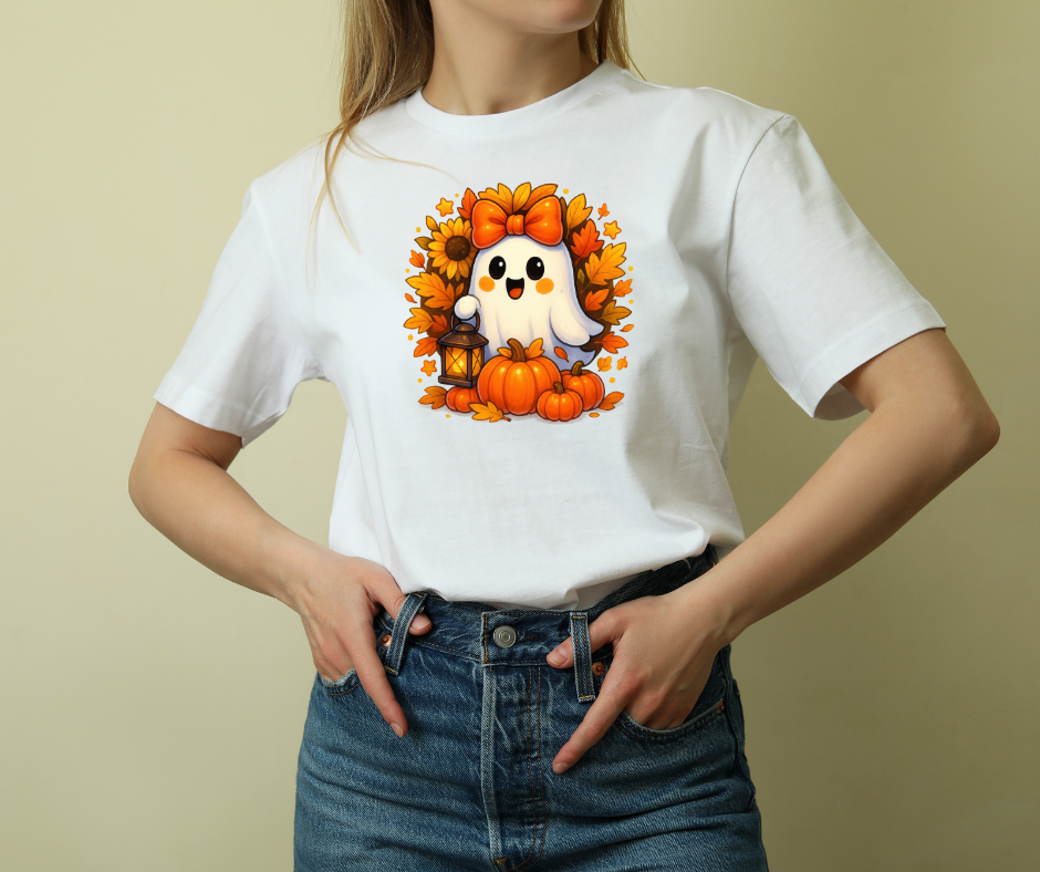 Halloween Ghost Cotton Tee, Fall Festival Shirt, Cute Pumpkin Graphic Tee, Tee for Halloween, Autumn Apparel