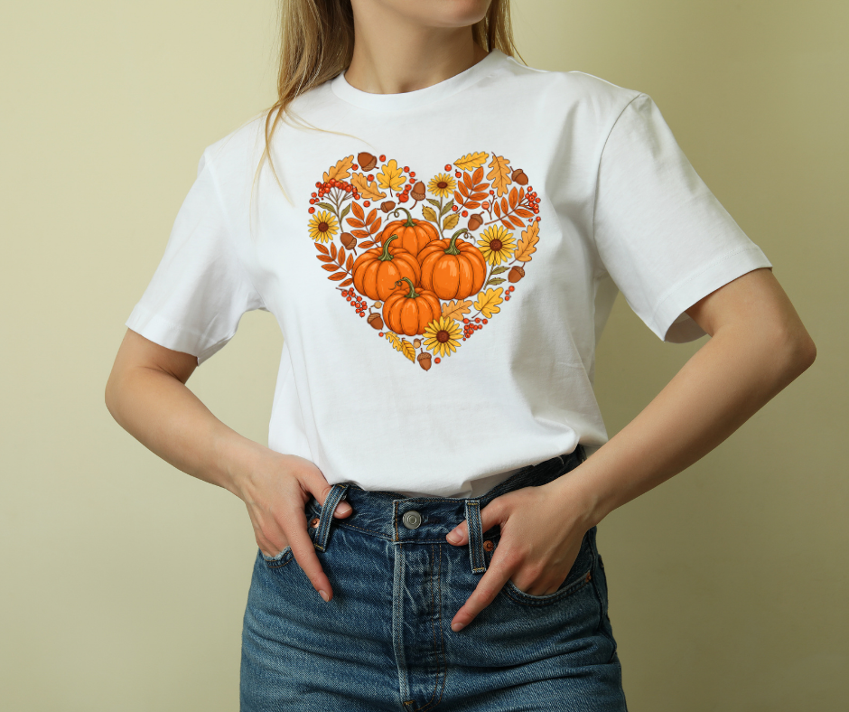 Autumn Themed Heavy Cotton Tee, Fall Shirt, Pumpkin Heart Tee, Cute Graphic Tee, Seasonal Apparel, Harvest Gift Idea