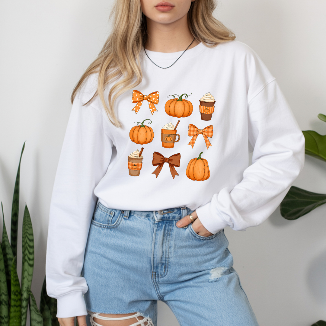 Autumn Vibes Long Sleeve Tee | Pumpkin and Bow Graphic | Cozy Fall Fashion, Thanksgiving, Gift for Her, Seasonal Apparel