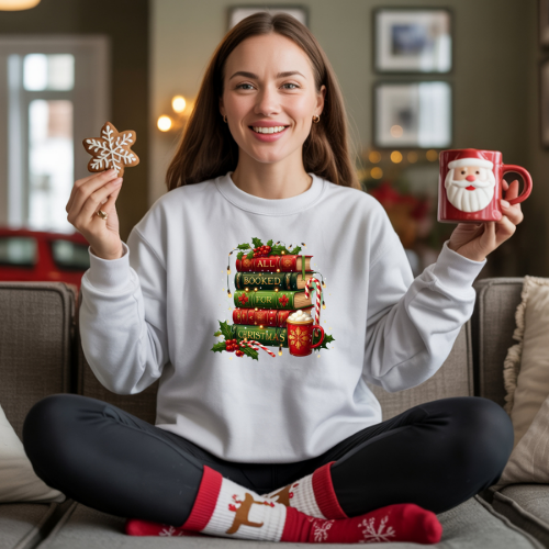 Christmas Book Stack Long Sleeve Tee - Cozy Holiday Apparel, Gift For Book Lovers, Winter Wardrobe Essential, Christmas Tee