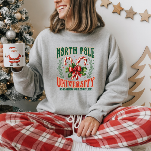 North Pole University Holiday Sweatshirt, Cozy Christmas Crewneck, Winter Gift, Festive Apparel, Holiday Wear, Candy Canes