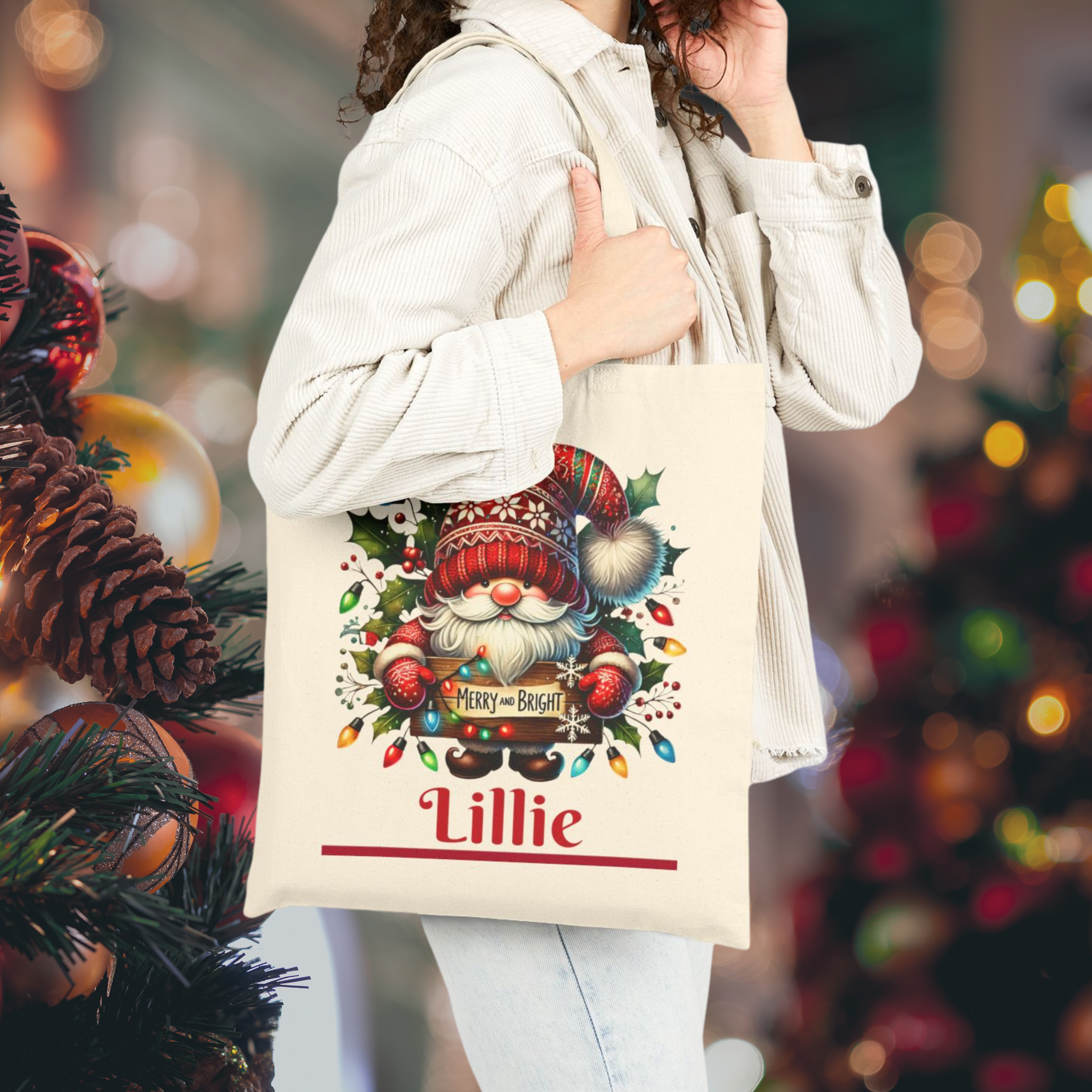 Personalized Santa Gnome Tote Bag, Holiday Shopping Bag, Christmas Gift Bag, Reusable Eco-Friendly Bag, Festive Canvas Tote